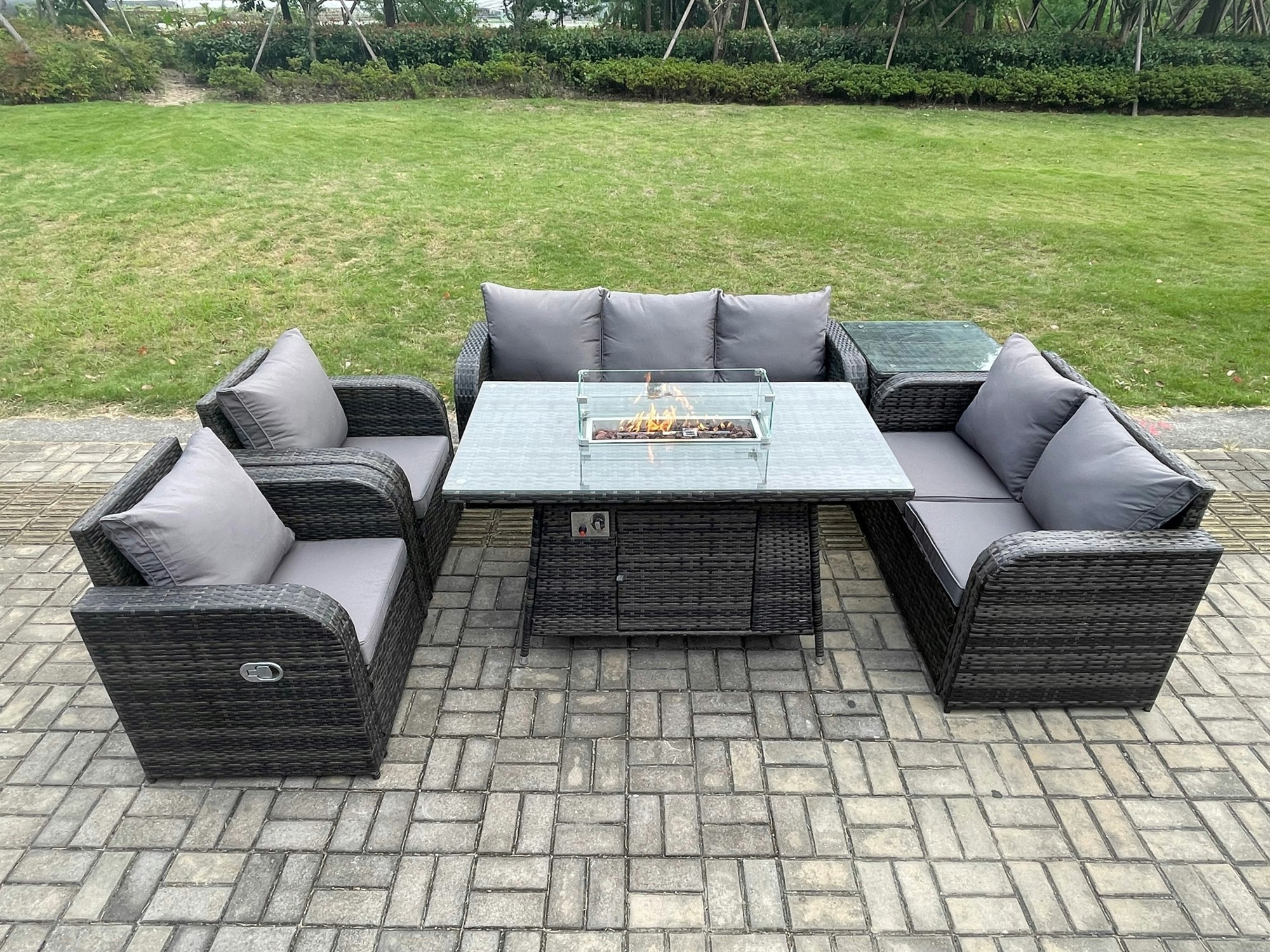 Rackhams Dark/Grey Pe Wicker Outdoor Rattan Garden Furniture Set Propane Gas Fire Pit Table And Sofa Chair Set With Side Table 7 Seater