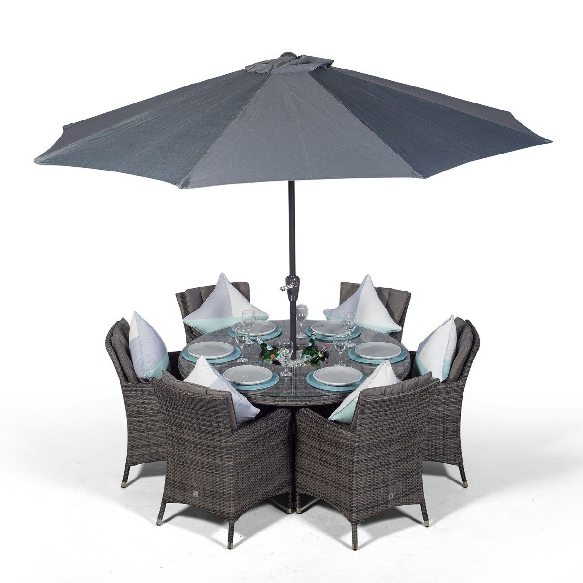 Rackhams Grey Savannah Round 6 Seater Patio Dining Set With Ice Bucket Drinks Cooler - 1