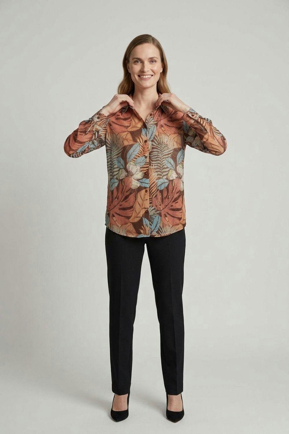 Izabel London Brown Leaf Print Long Sleeve Relaxed Shirt - 8