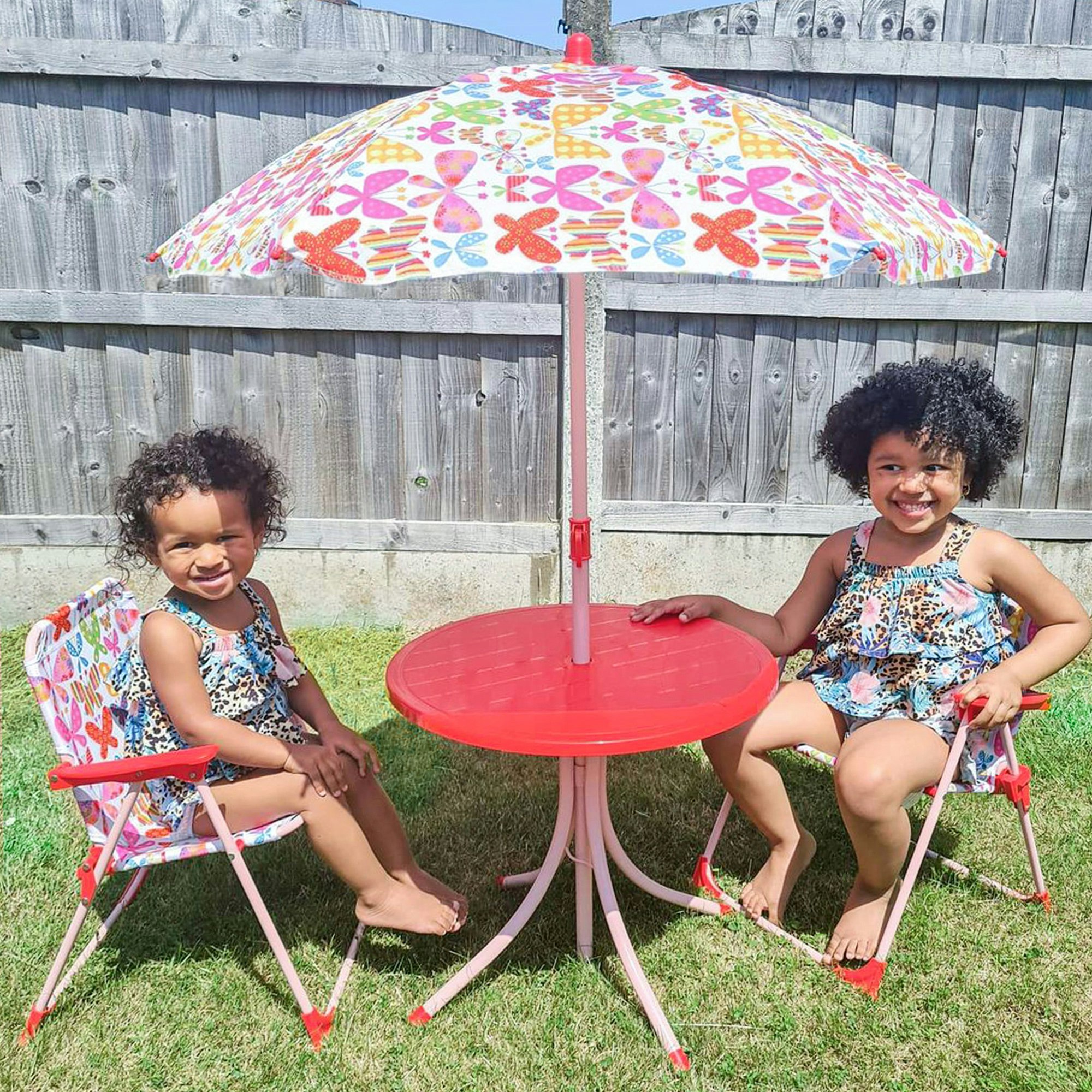 Rackhams Kids Folding Picnic Table Chair Set Butterfly Pattern Outdoor Parasol