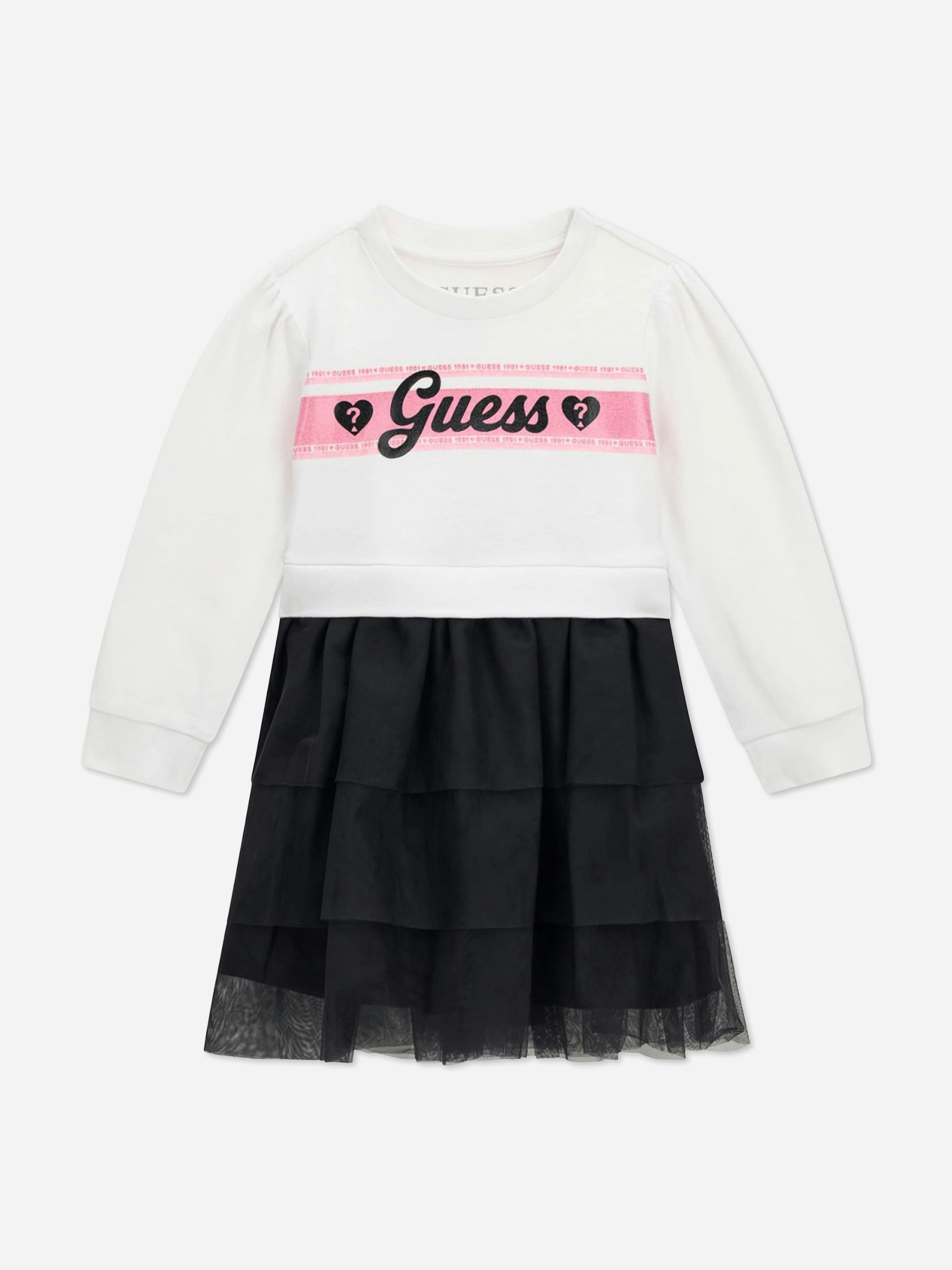 Guess Girls White Mixed Fabric Dress In - 6 Yrs