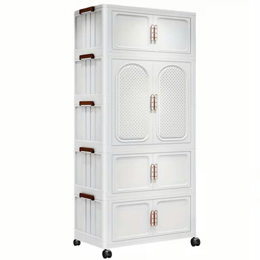 Havendro White 4-Tier Foldable Stackable Plastic Shelf Clothes Storage Wardrobe Organiser Rack - Wood