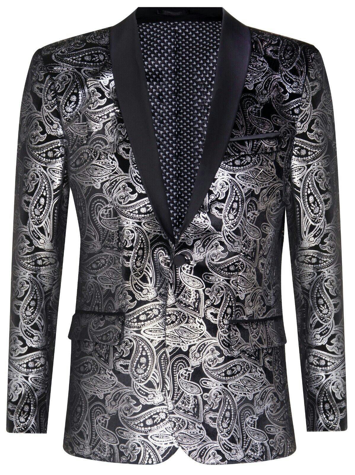 Truclothing Men's Silver/Black Classic Paisley Velvet Tuxedo Dinner Jacket Tailored Blazer - 36