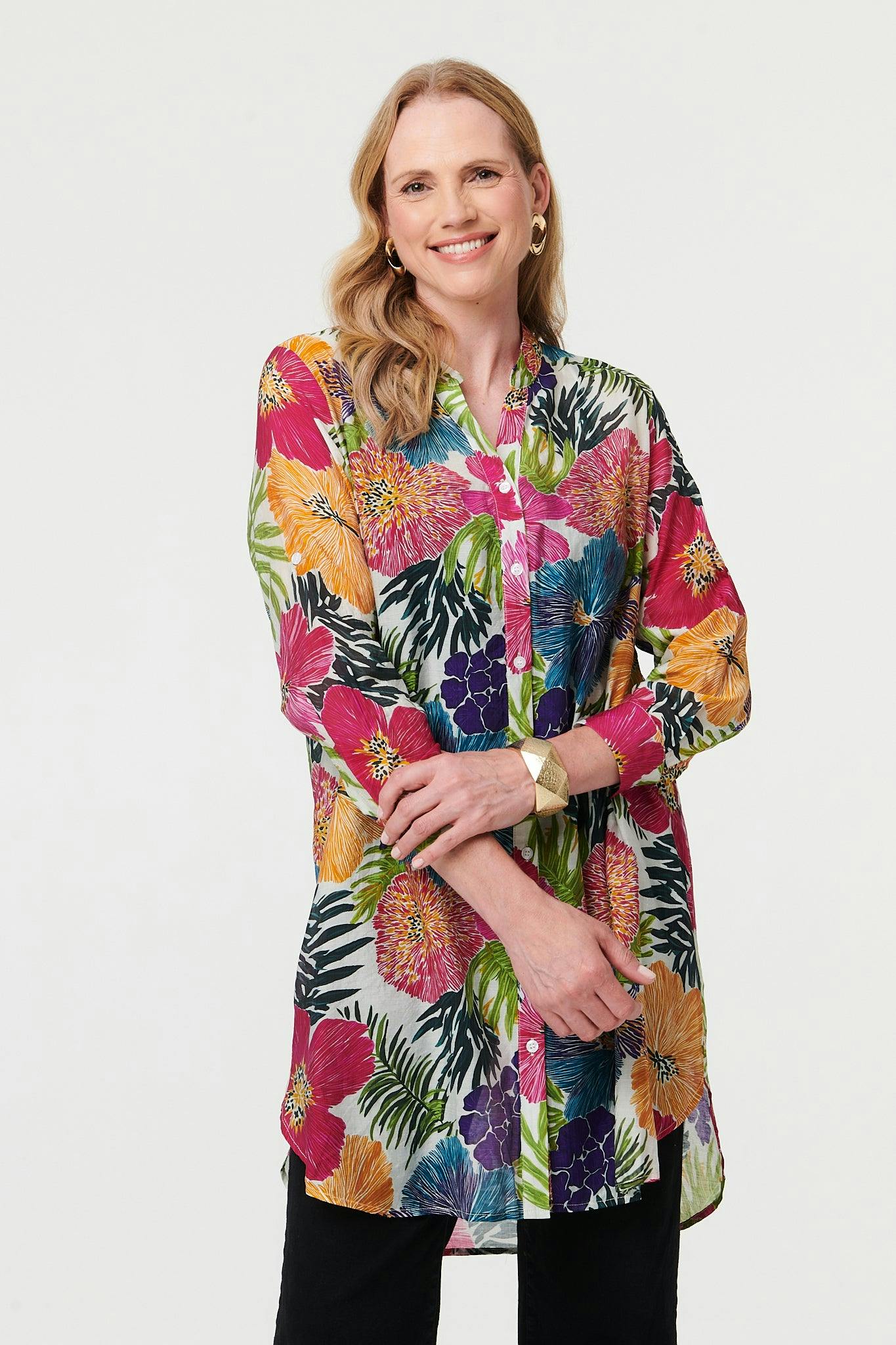 Izabel London Pink Floral Longline Long Sleeve Tunic Shirt - 18