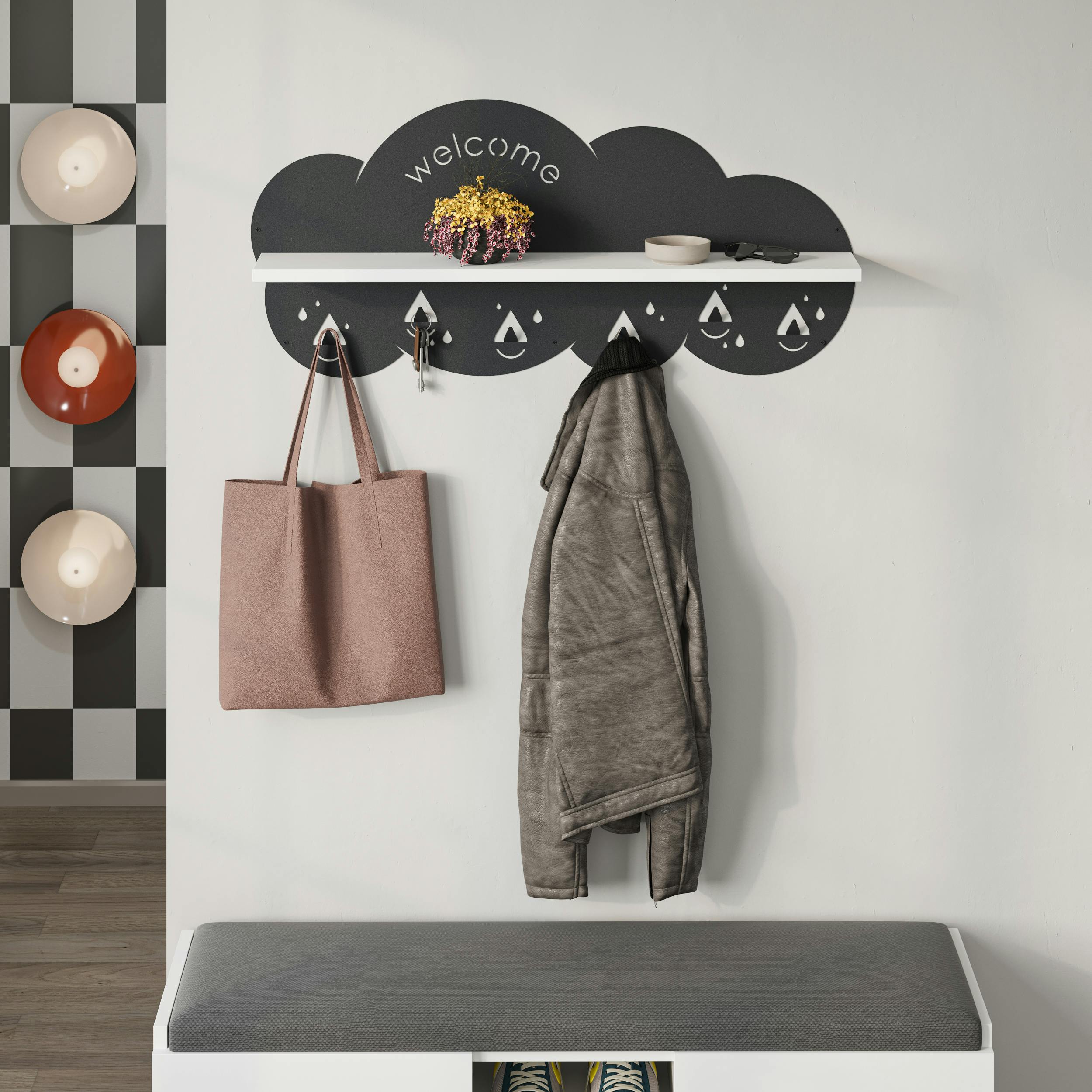 Decortie White Cloudy Wall-Mounted Metal Hanger Shelf With 6 Metal Hooks Welcome Cloud Shape Functional Storage Hanger Entryway