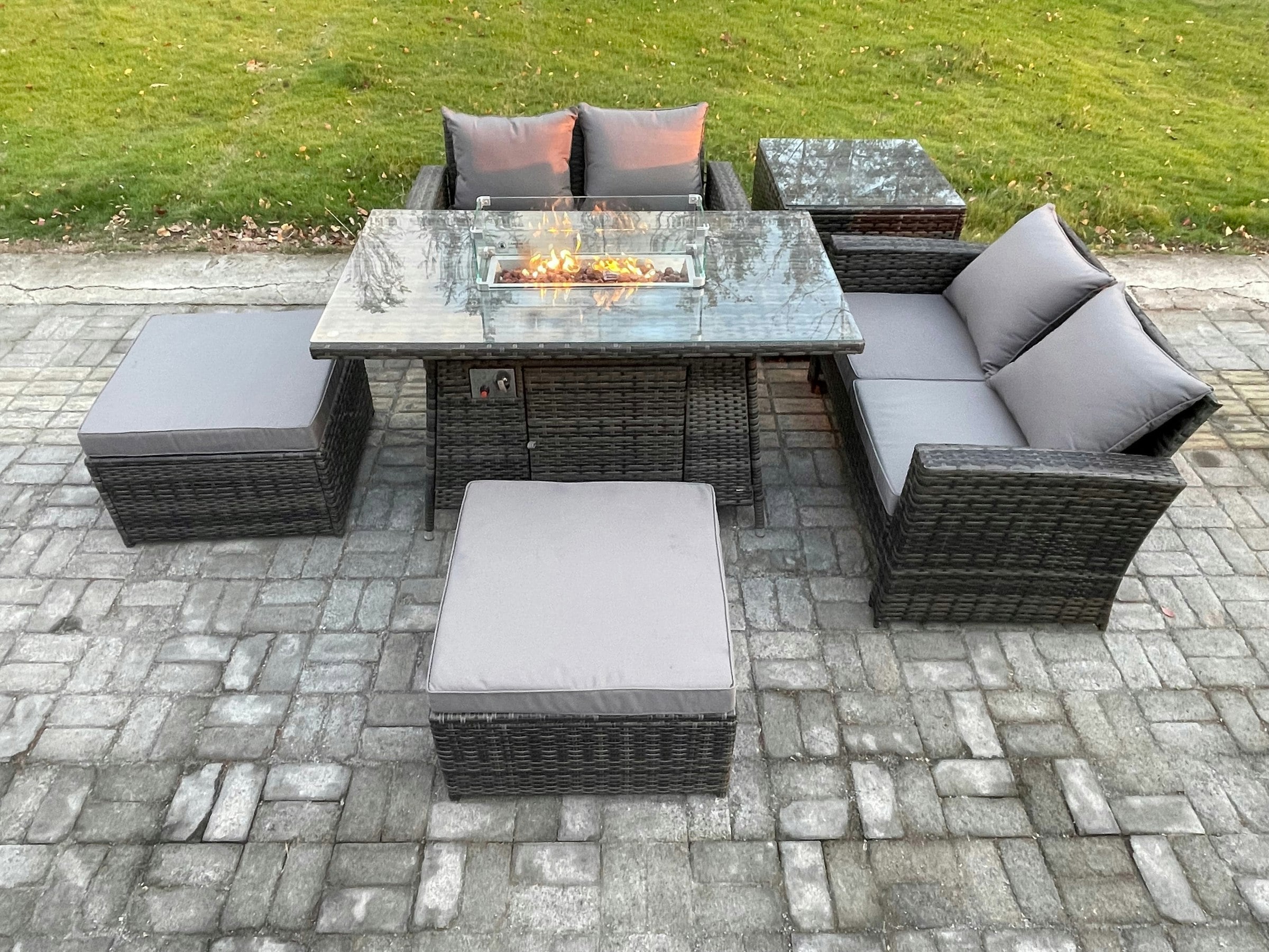 Fimous Dark/Grey 6 Seater Rattan Garden Furniture Set Outdoor Lounge Sofa Chair Gas Fire Pit Dining Table Set With 2 Big Footstool Double Seat Sofa Side Table