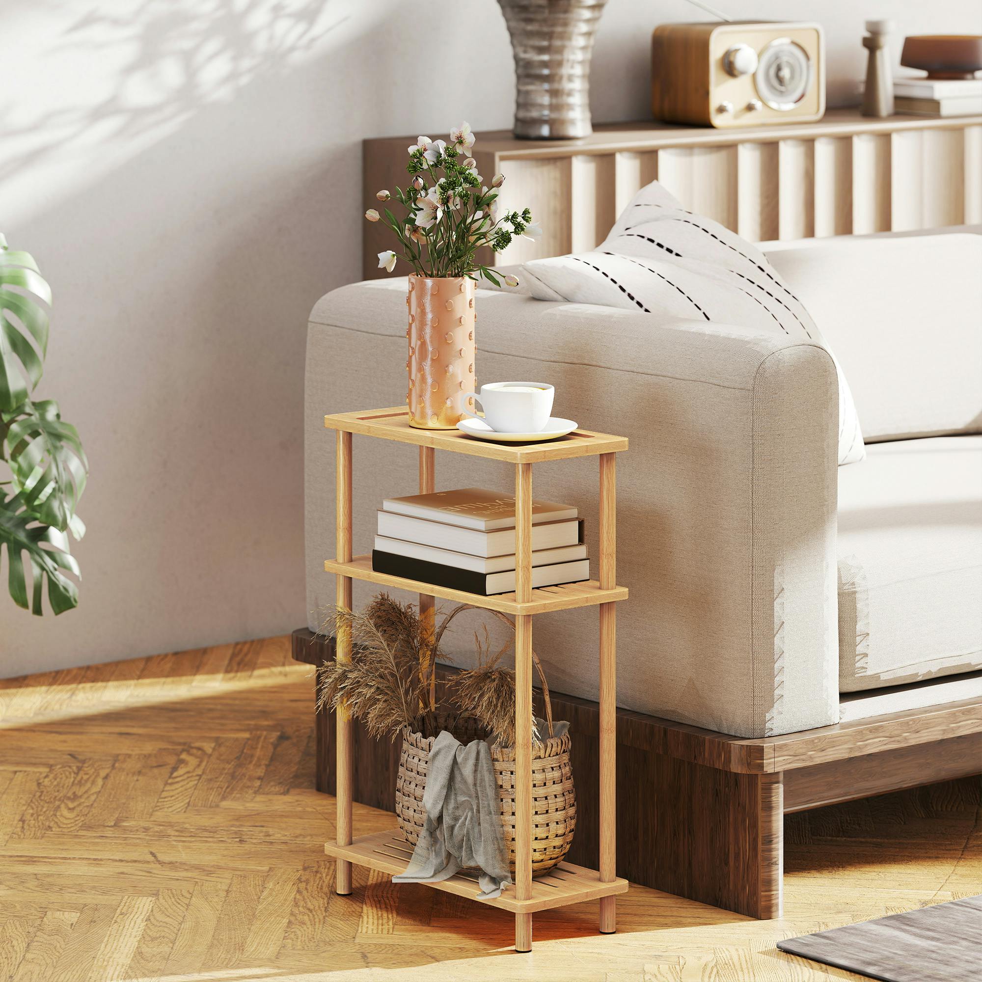 Rackhams 3-Tier Slim End Table, Tool-Free Assembly, Natural Wood Finish - 40W X 18D Cm - Bamboo - 40W X 18D X 61H Cm
