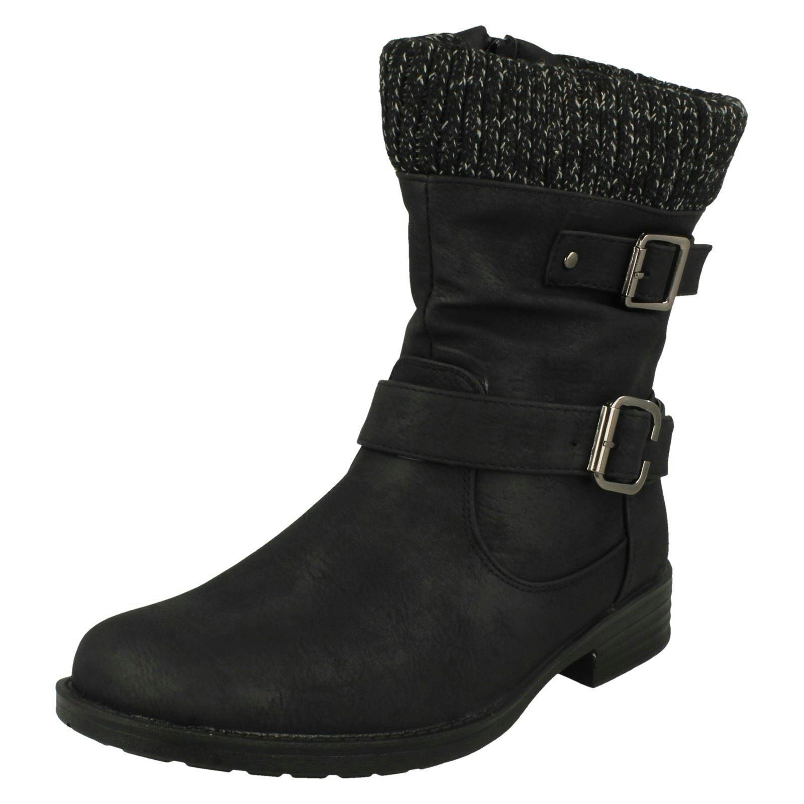 Spot On Women's Black Warm Lined Buckle Detailed Mid Calf Boots F51182 - Uk 4