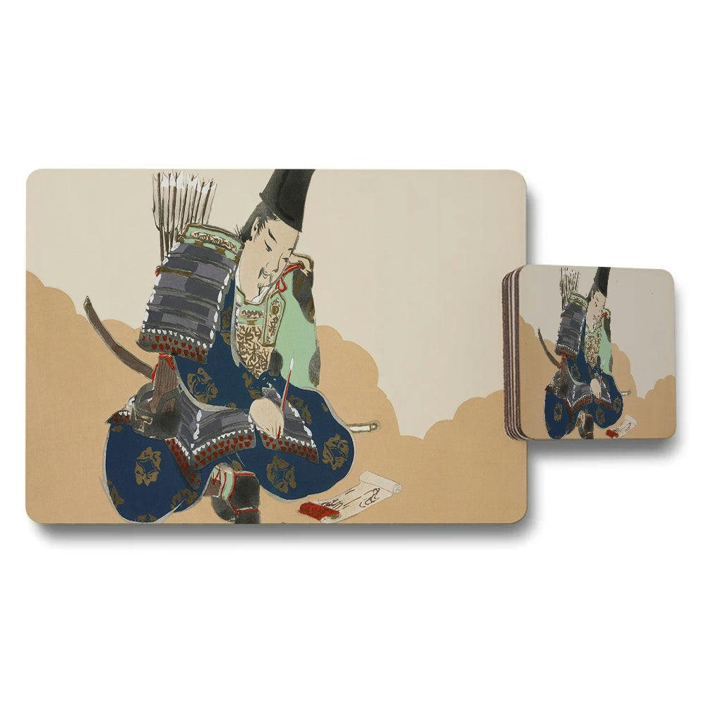 Benjamin Tate Design Blue/Beige Samurai Armor Artwork Placemat And Coaster Set For Dining Table