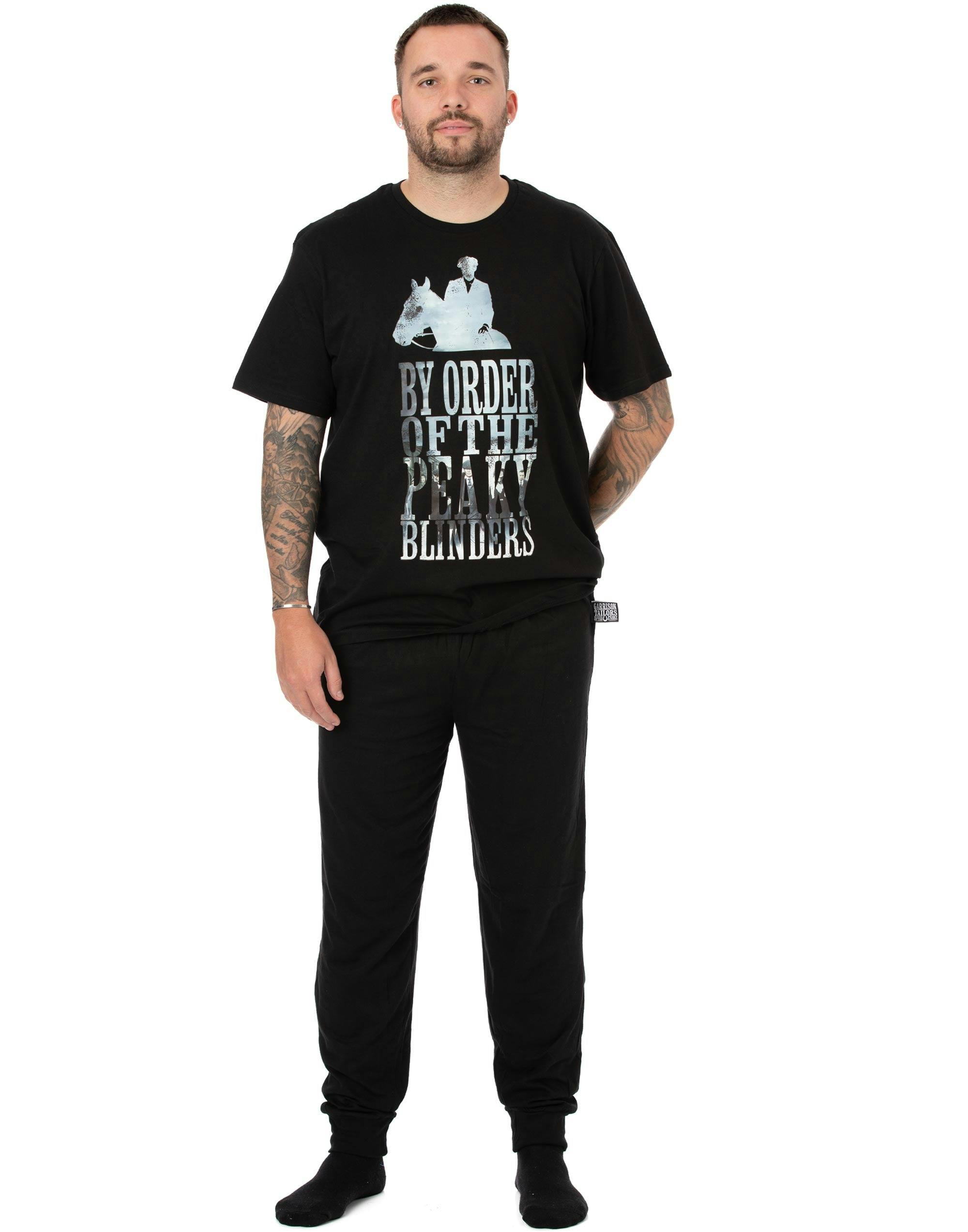 Vanilla Underground Men's Black Peaky Blinders By Order Of The Peaky Blinders Text Short Sleeve Long Leg Pyjama Set - Medium