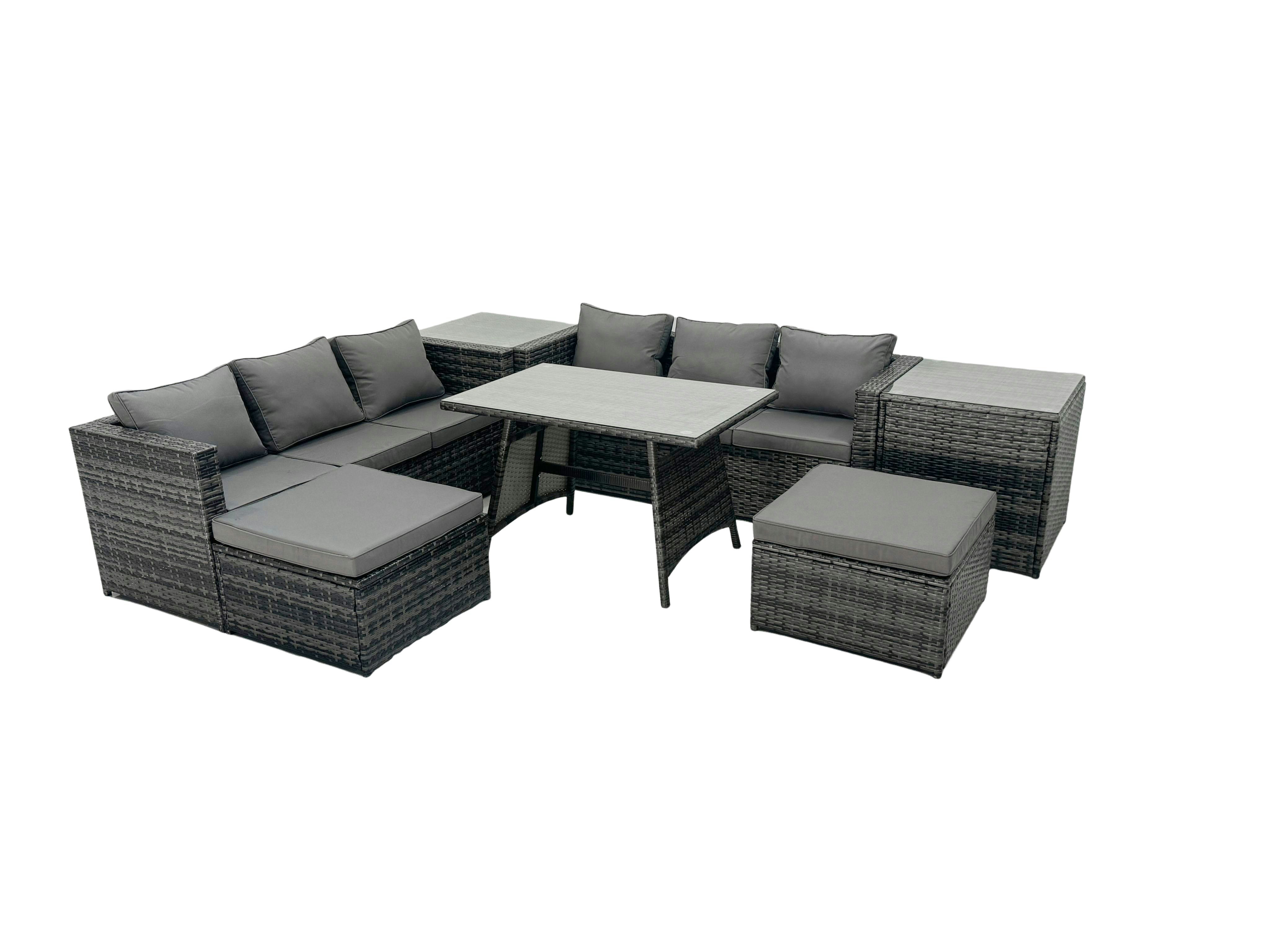 Rackhams Dark/Grey Rattan Dining Table Sofa Set With 2 Side Tables 2 Big Footstools Outdoor Garden Furniture Set Mixed