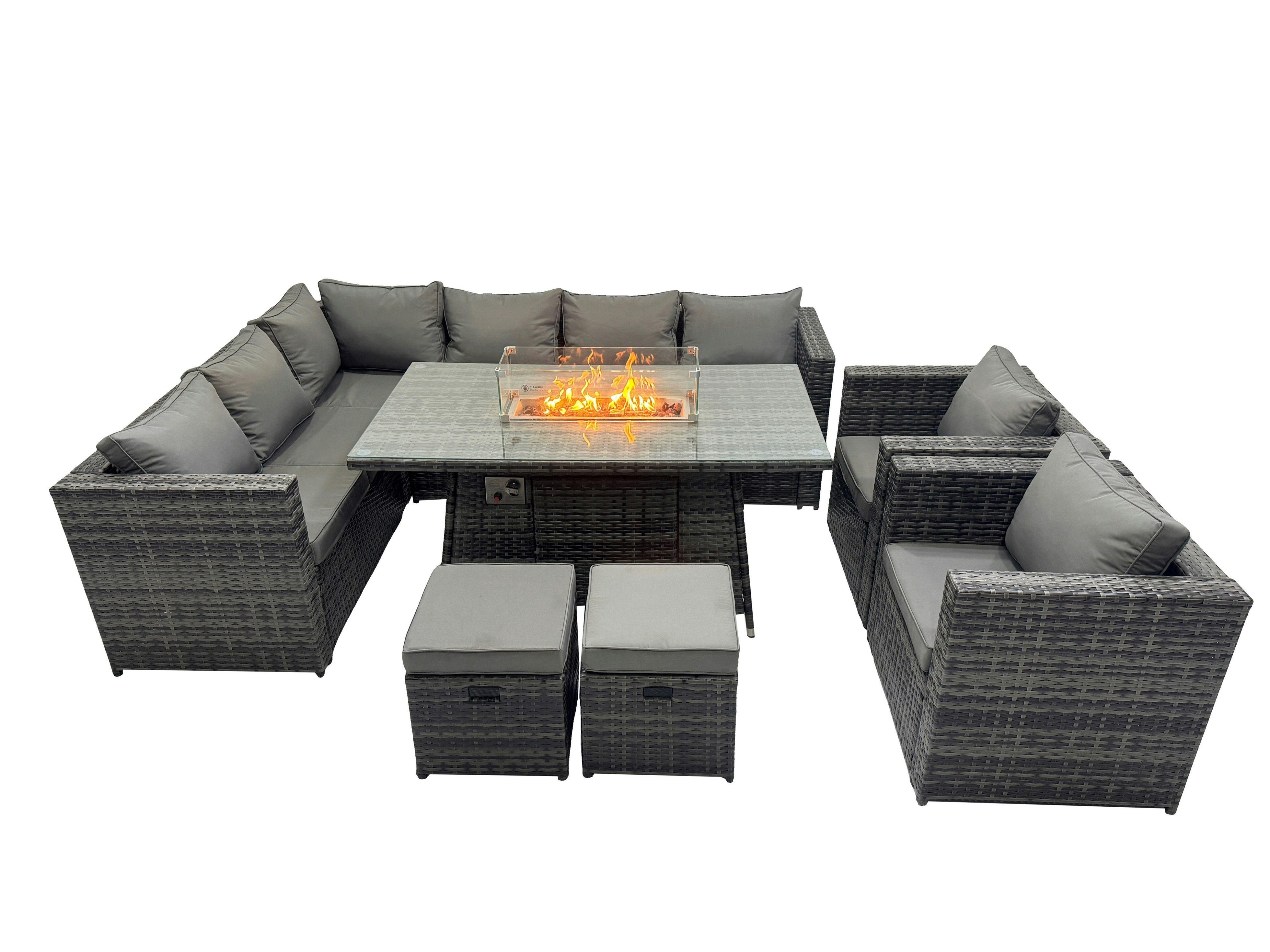 Rackhams Dark/Grey Rattan Garden Furniture Dining Set 10 Seater Gas Fire Pit Dining Table Corner Sofa Set With 2 Small Stool Mixed