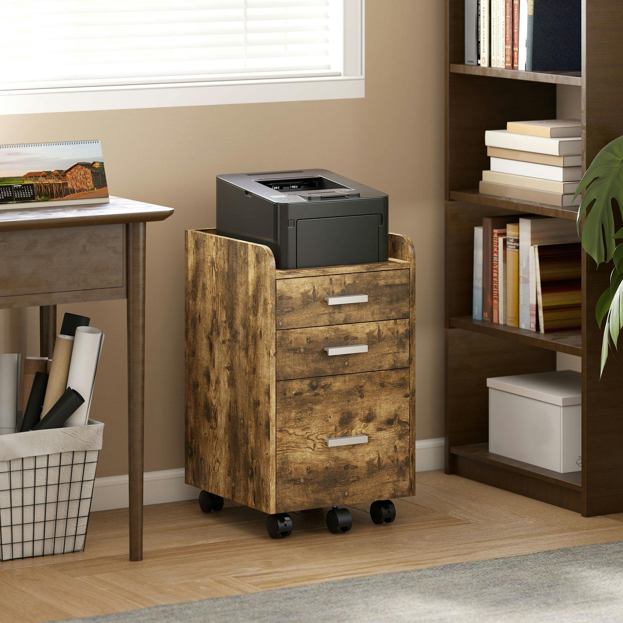 Rackhams Brown Mobile Filing Cabinet, Lockable File Cabinet With 2 Keys Rustic - 65.4 - Rustic - Particle Board, Mdf