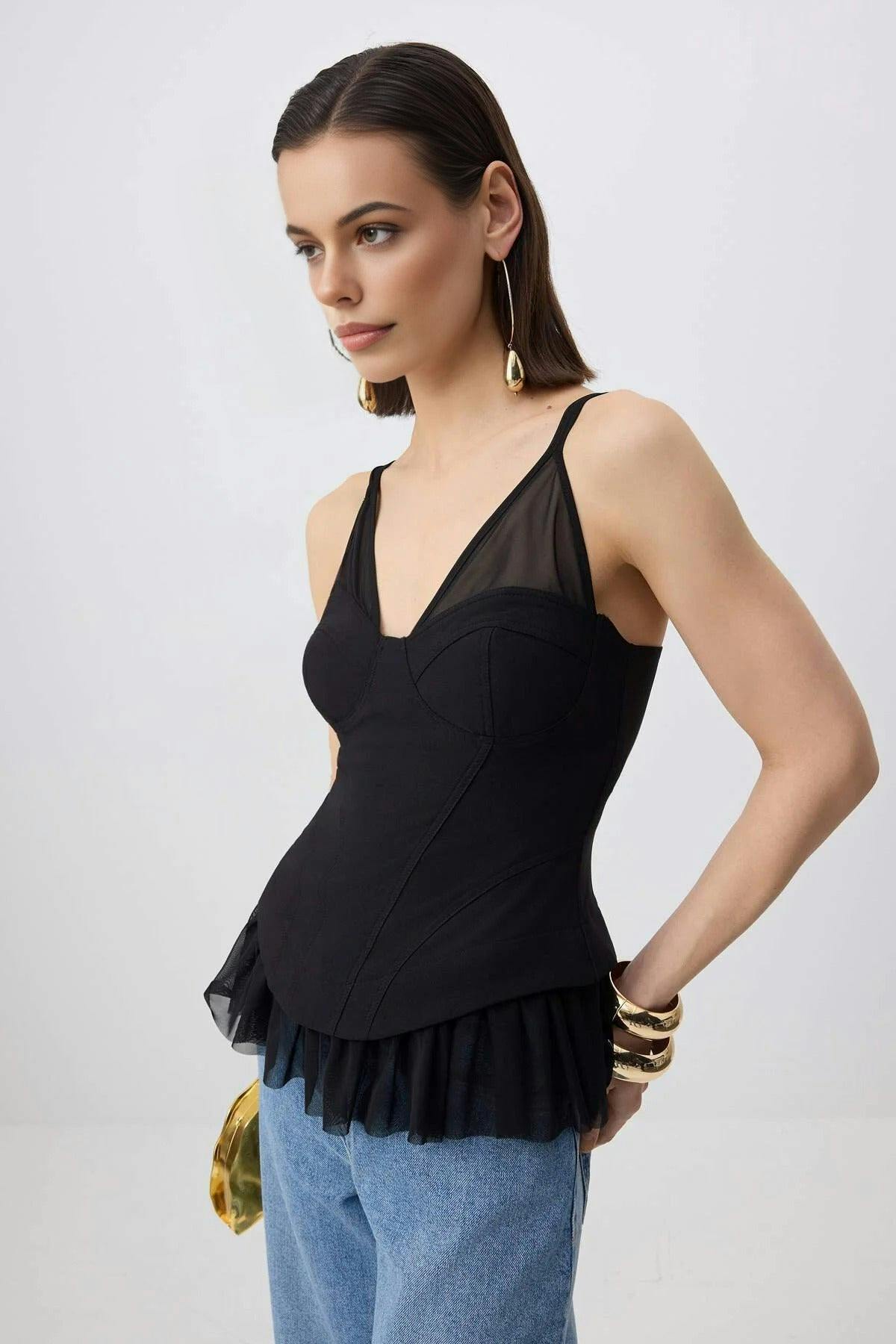 Wovcor Black Tulle Detailed Elegant Woven Blouse - 10