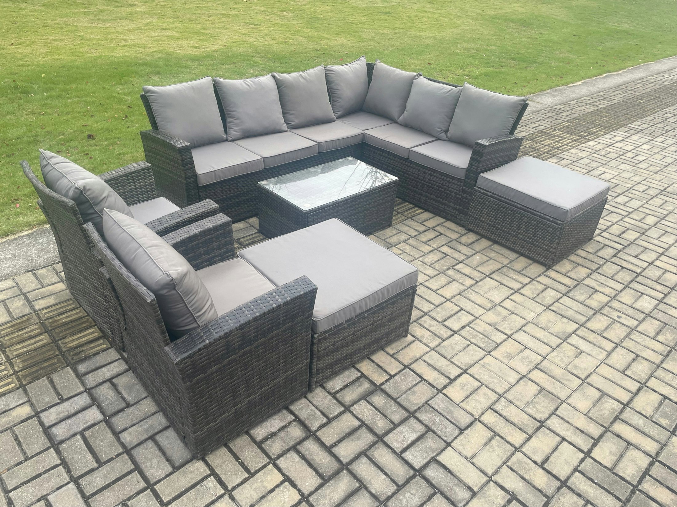 Fimous Dark/Grey 10-Seater Rattan High Back Corner Sofa Set | Rectangular Coffee Table, 2 Armchairs, 2 Large Footstools