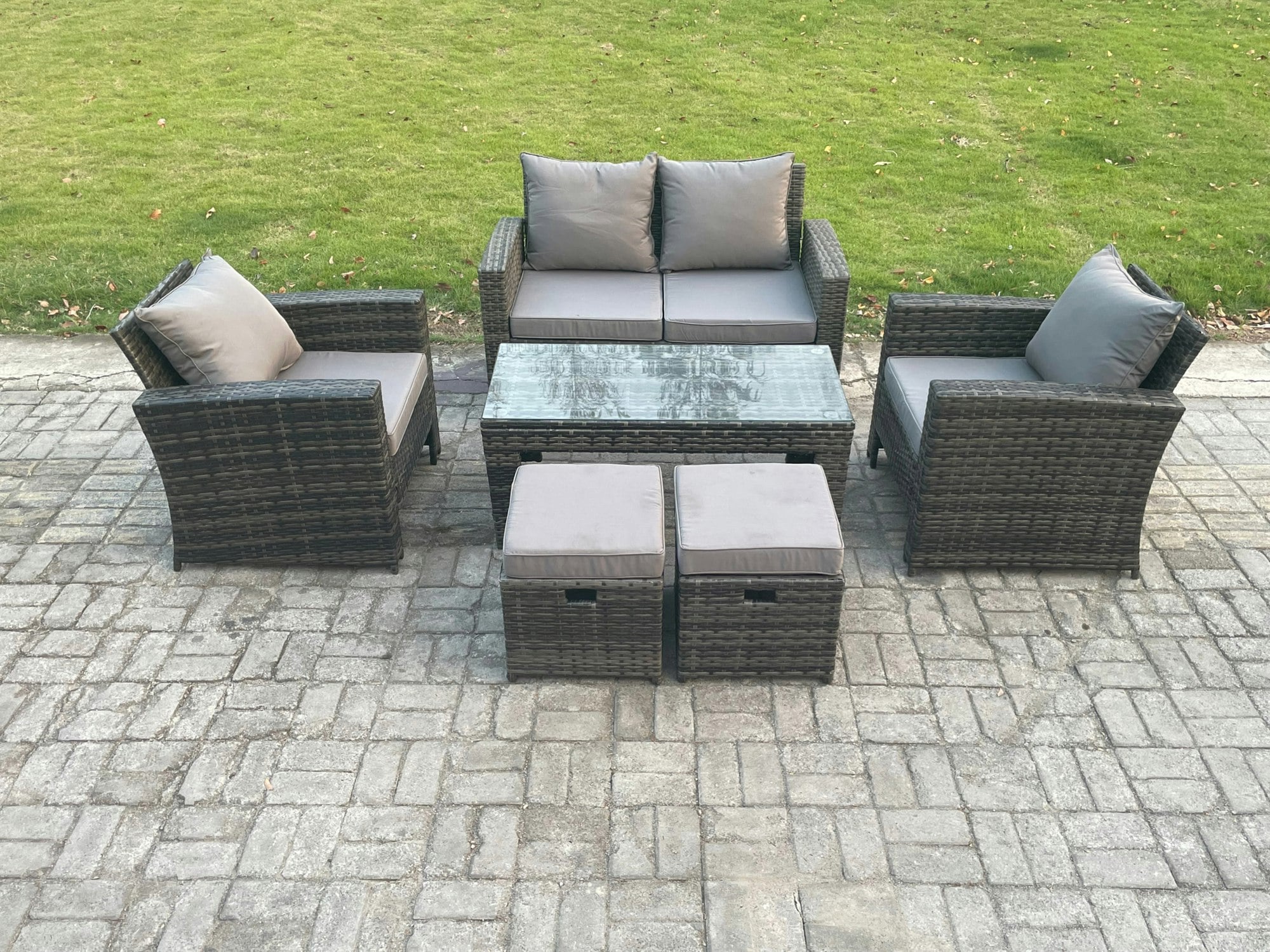 Fimous Dark/Grey 6 Seater Outdoor Rattan Garden Furniture Set Patio Lounge Sofa Set With Coffee Table 2 Small Footstools Mixed