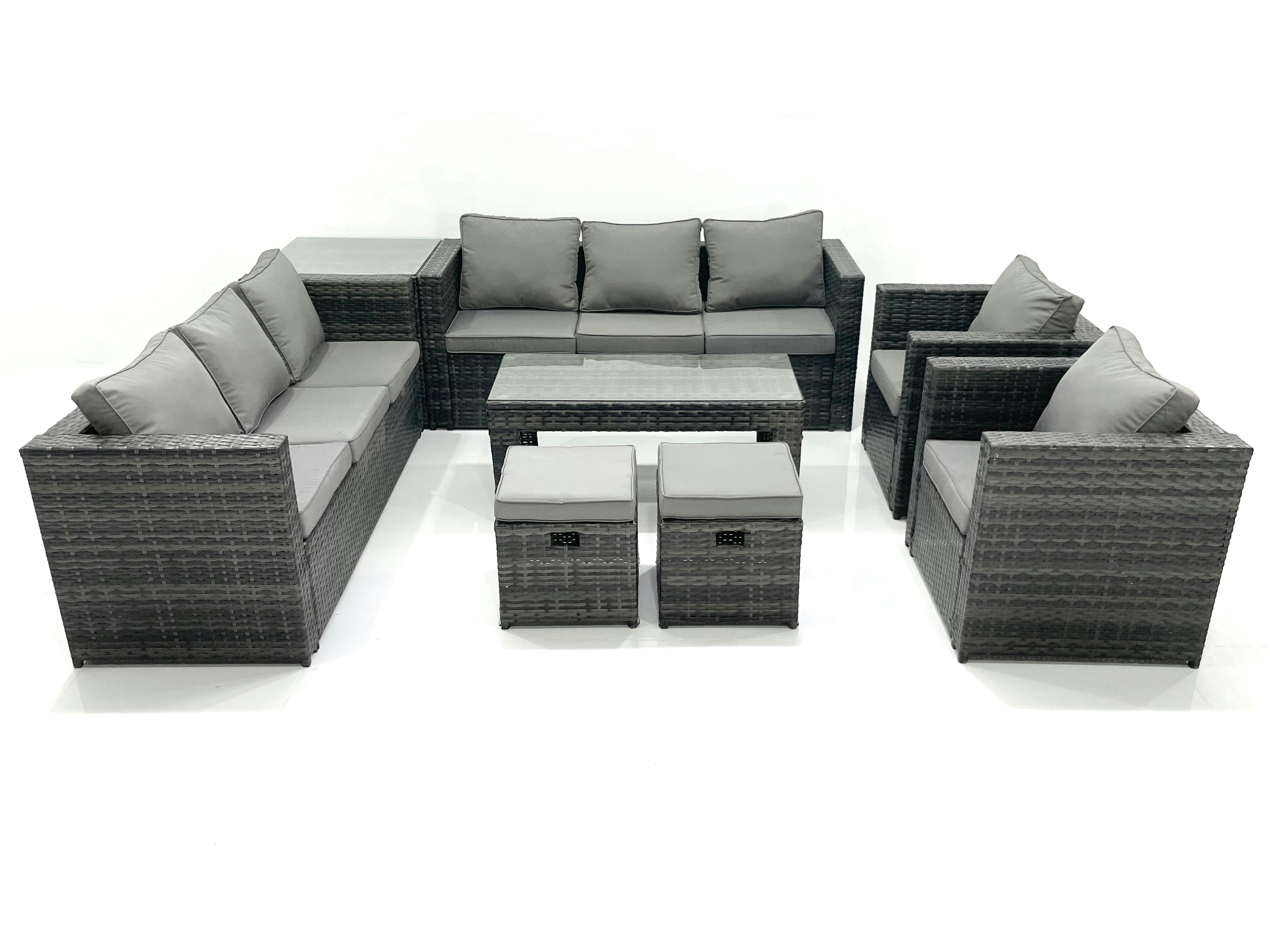Fimous Dark/Grey Rattan Garden Furniture Sofa Set With Coffee Table Armchair Side Table 2 Small Footstools Mixed
