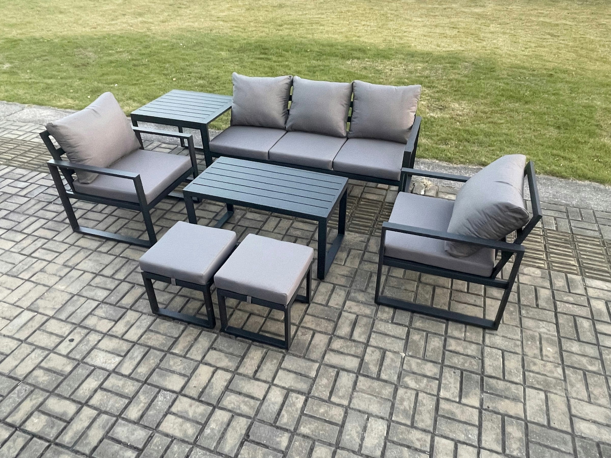 Fimous Dark/Grey Aluminium Patio Outdoor Furniture Set 7 Seater Garden Sofa With Oblong Coffee Table 2 Small Footstools 2 Armchairs Side Table