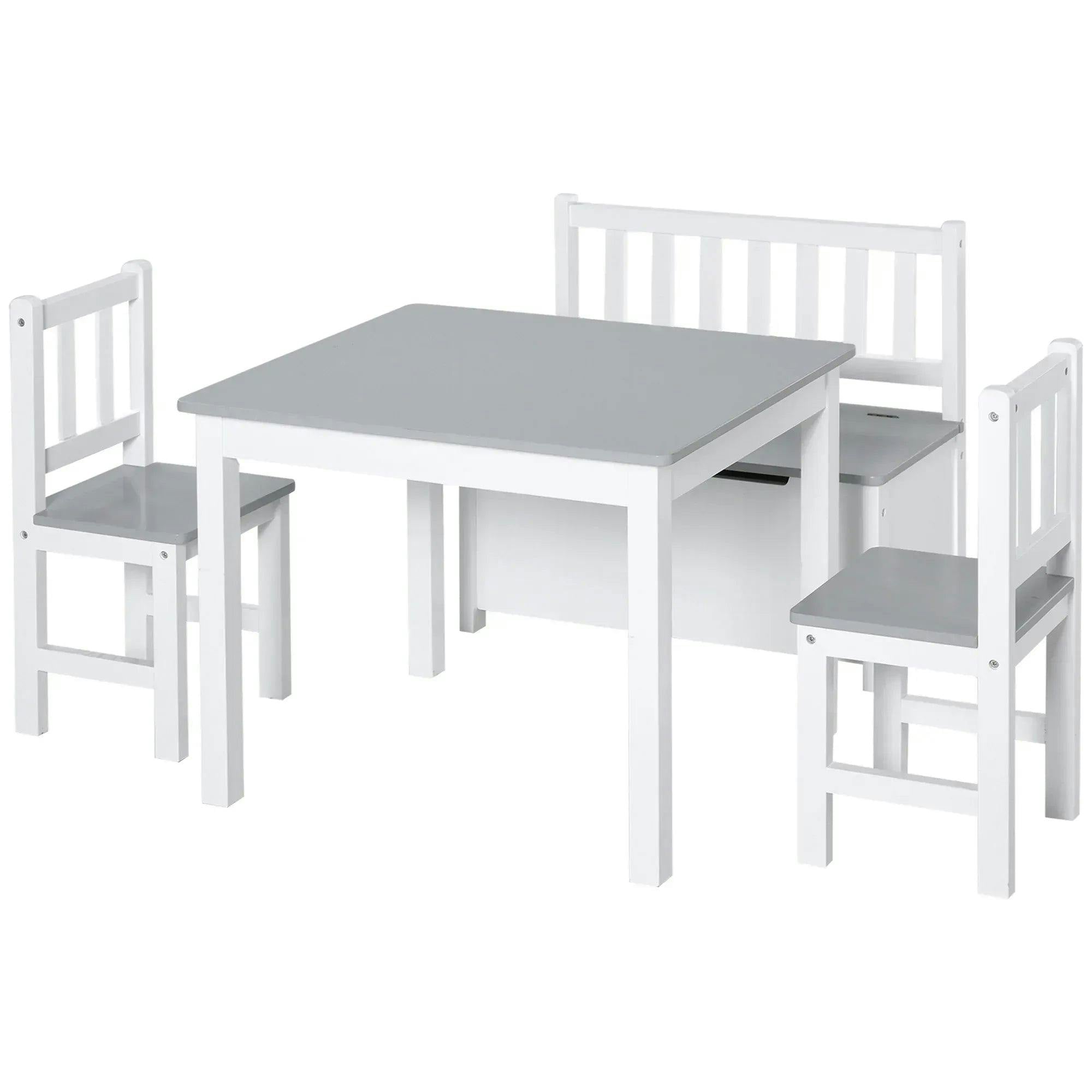 Homcom White 4-Piece Set Kids Wood Table Chair Bench W/ Storage Function For 3 Years+ - Image 7
