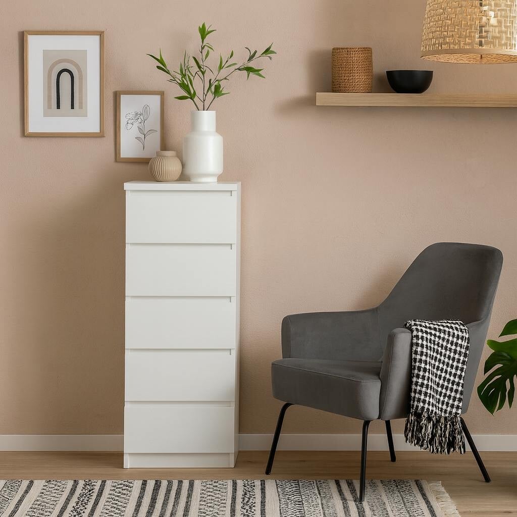 Wyld Haus White Budapest Wood Narrow Chest 5 Drawers