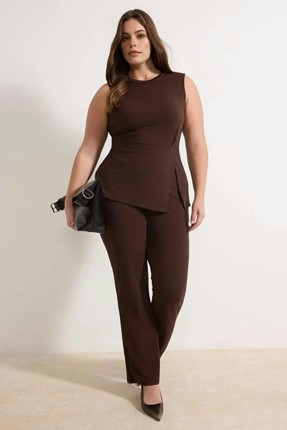 Wovcor Brown 2- Piece Knitted Seasonal Top And Bottom Set With Slit Detail - 5XL