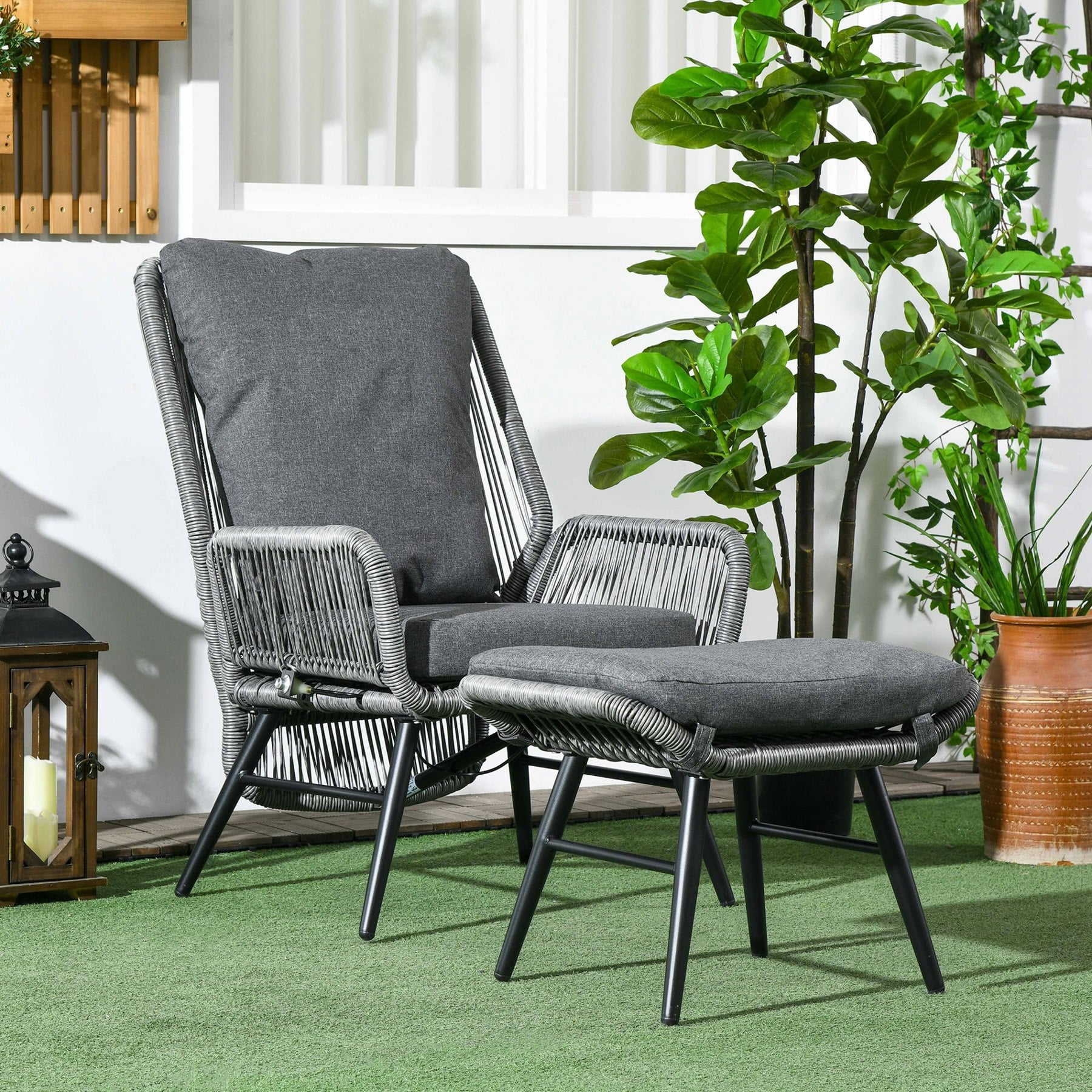Rackhams Grey/Light Garden Rattan Leisure Chair Set With Adjustable Backrest, - Steel, Pe Rattan