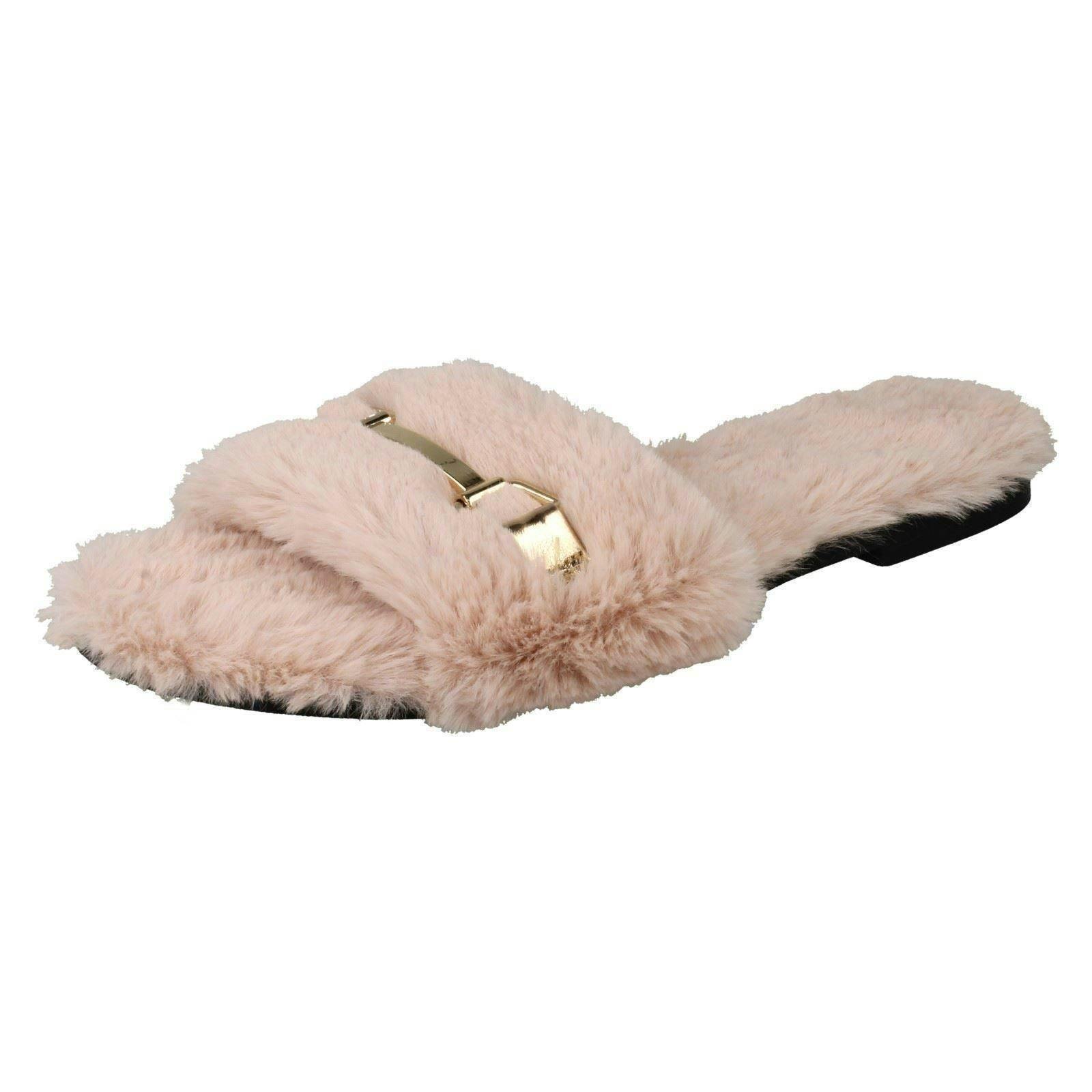Spot On Women's Pink Flat Fur Mule Sliders F00139 - Uk 6