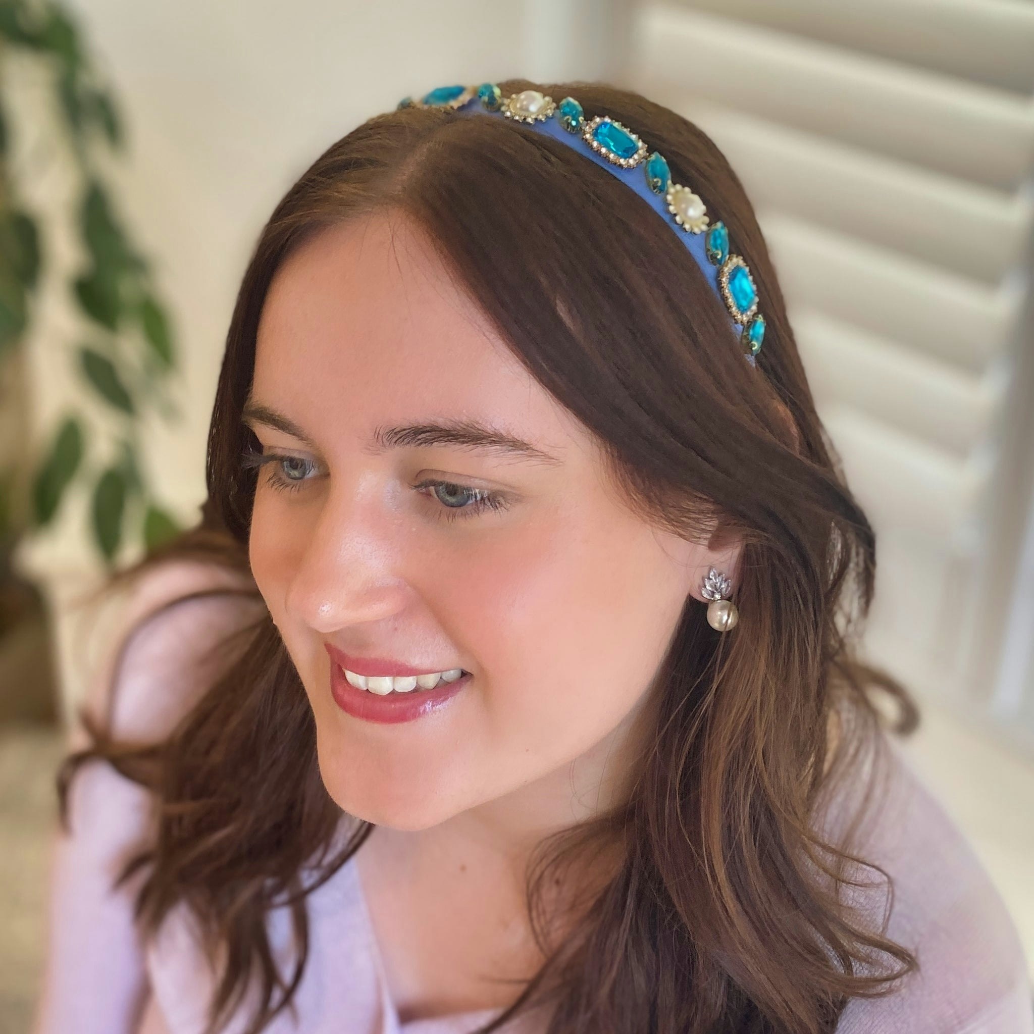 Queenmee Accessories Blue Headband With Pearls And Gems