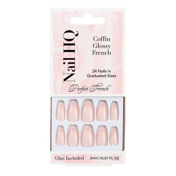 Nail Hq Pink/White Coffin Glossy French Nails (24 Pieces)