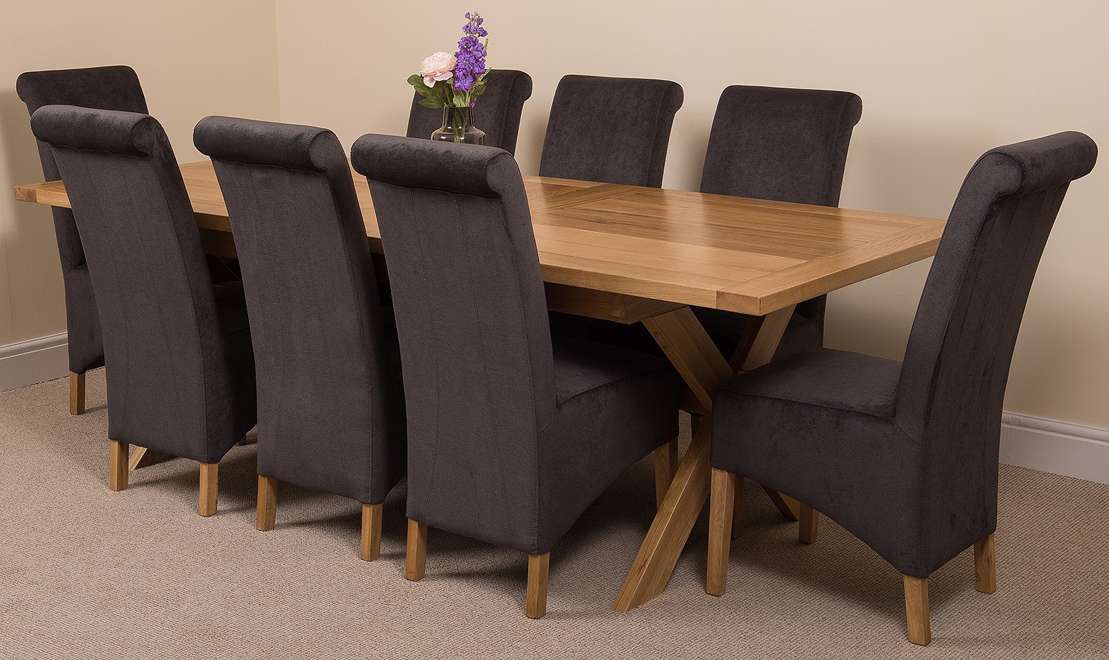 Rackhams Black Vermont Cross Leg Oak Extending Dining Table With Montana Fabric Chairs - 8 Chairs
