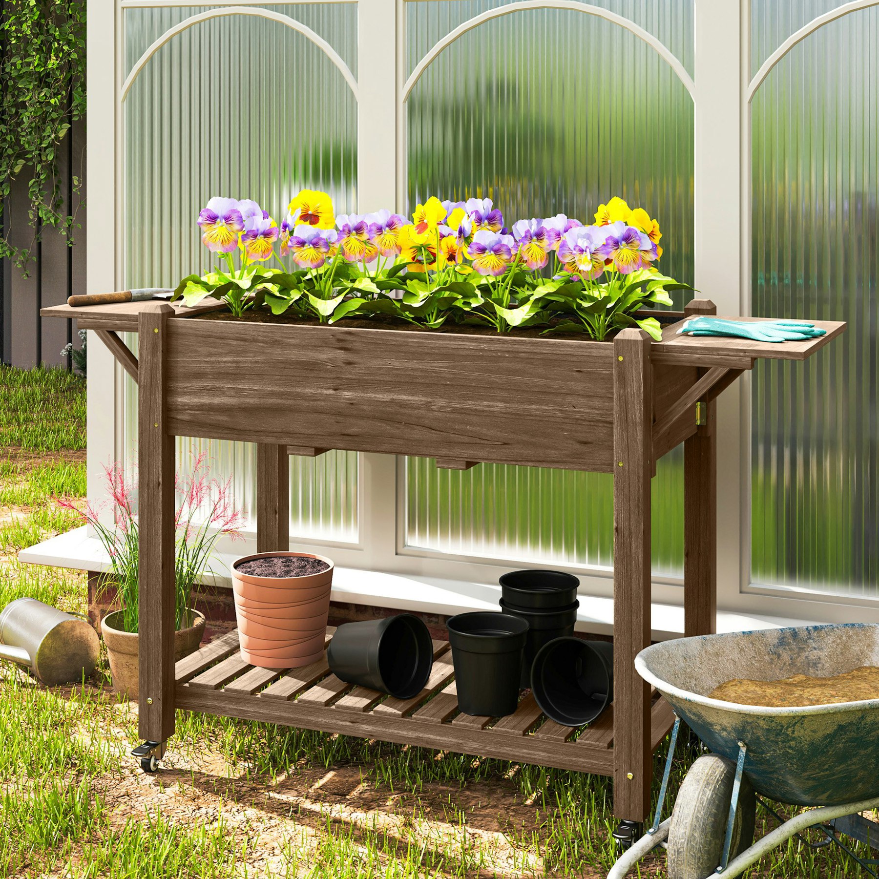 Rackhams Light Wooden Raised Planter With Lockable Wheels, Liner, Natural - Carbonised Finish - Fir Wood - 145W X 52D X 86H Cm