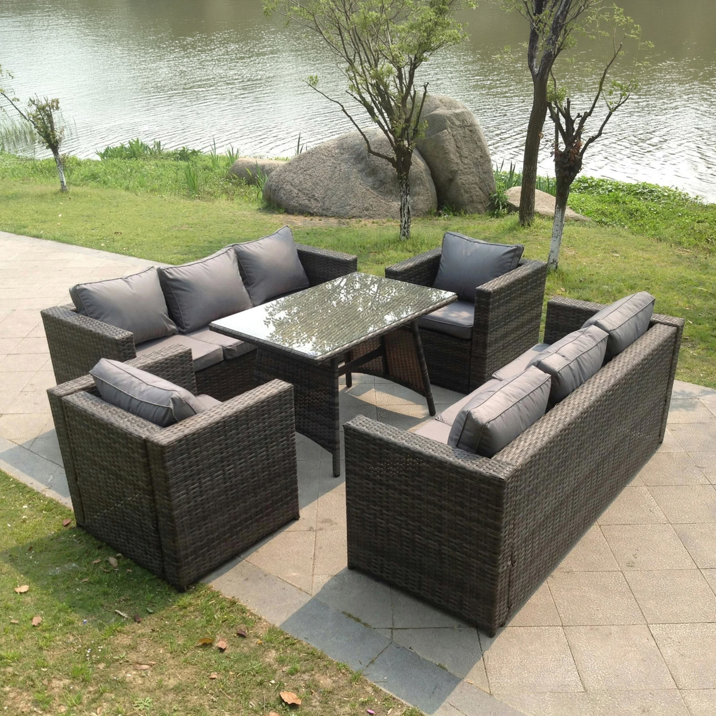 Fimous Dark/Grey 8 Seater Rattan Garden Sofa Set With 2 Sofas, 2 Armchairs & Dining Table