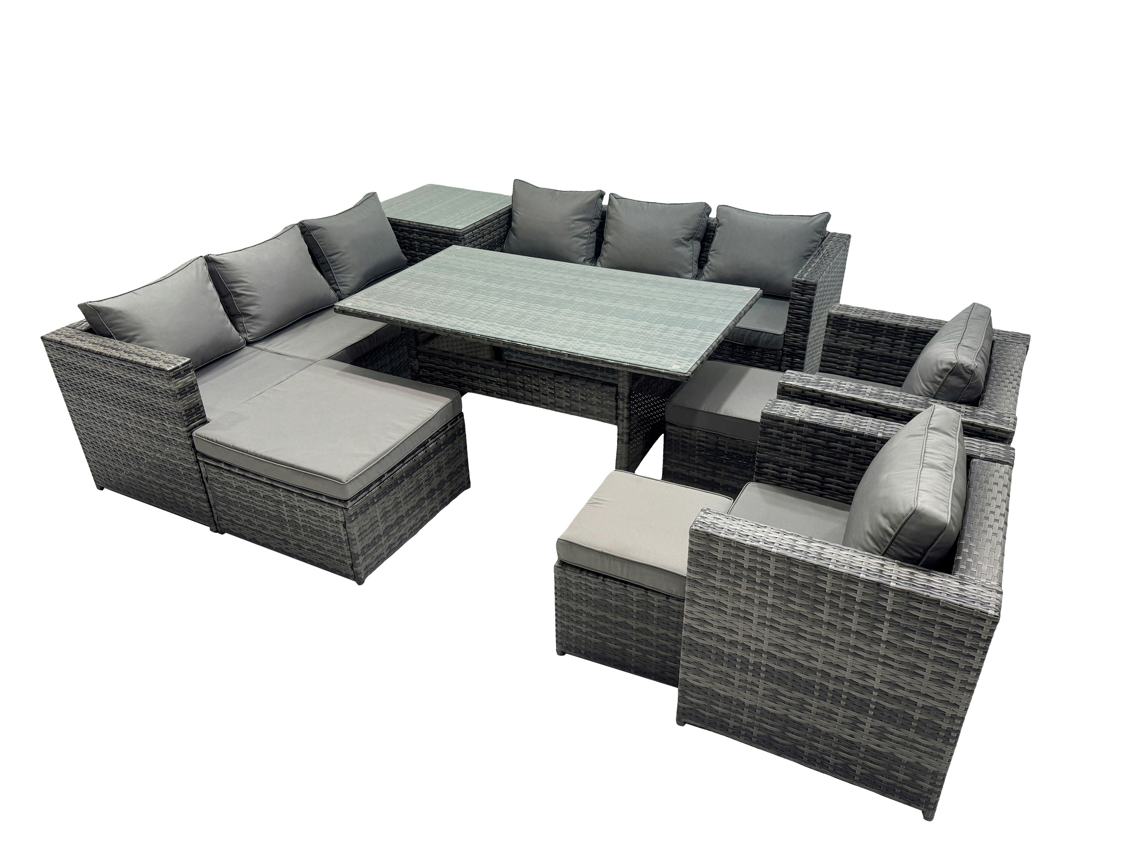 Rackhams Dark/Grey Outdoor Corner Sofa Chair Dining Table Set Garden Rattan Furniture Set 11 Seater With Side Table 3 Stool