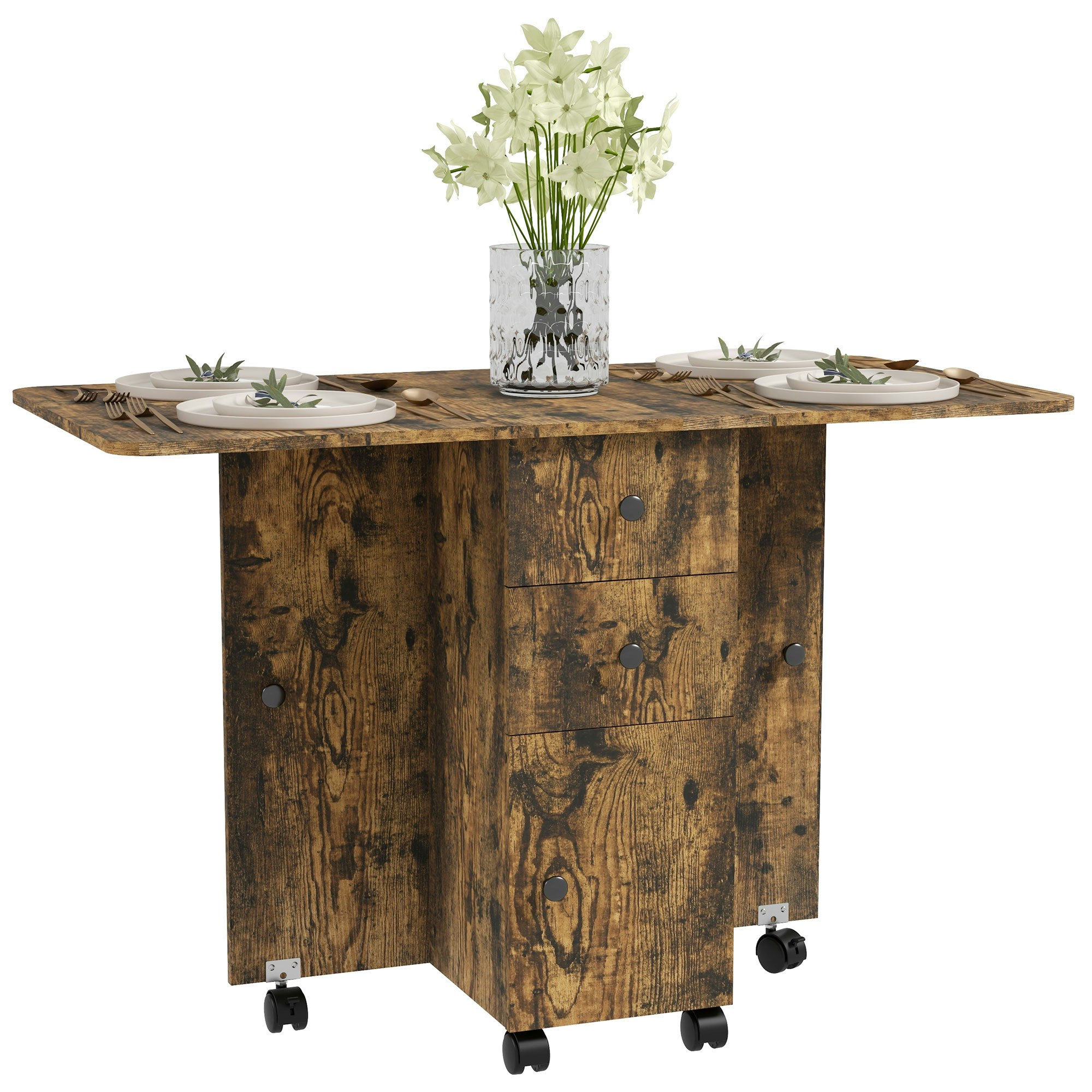 Rackhams Brown Folding Dining Table, Drop Leaf Table With Storage Drawers - Rustic Small