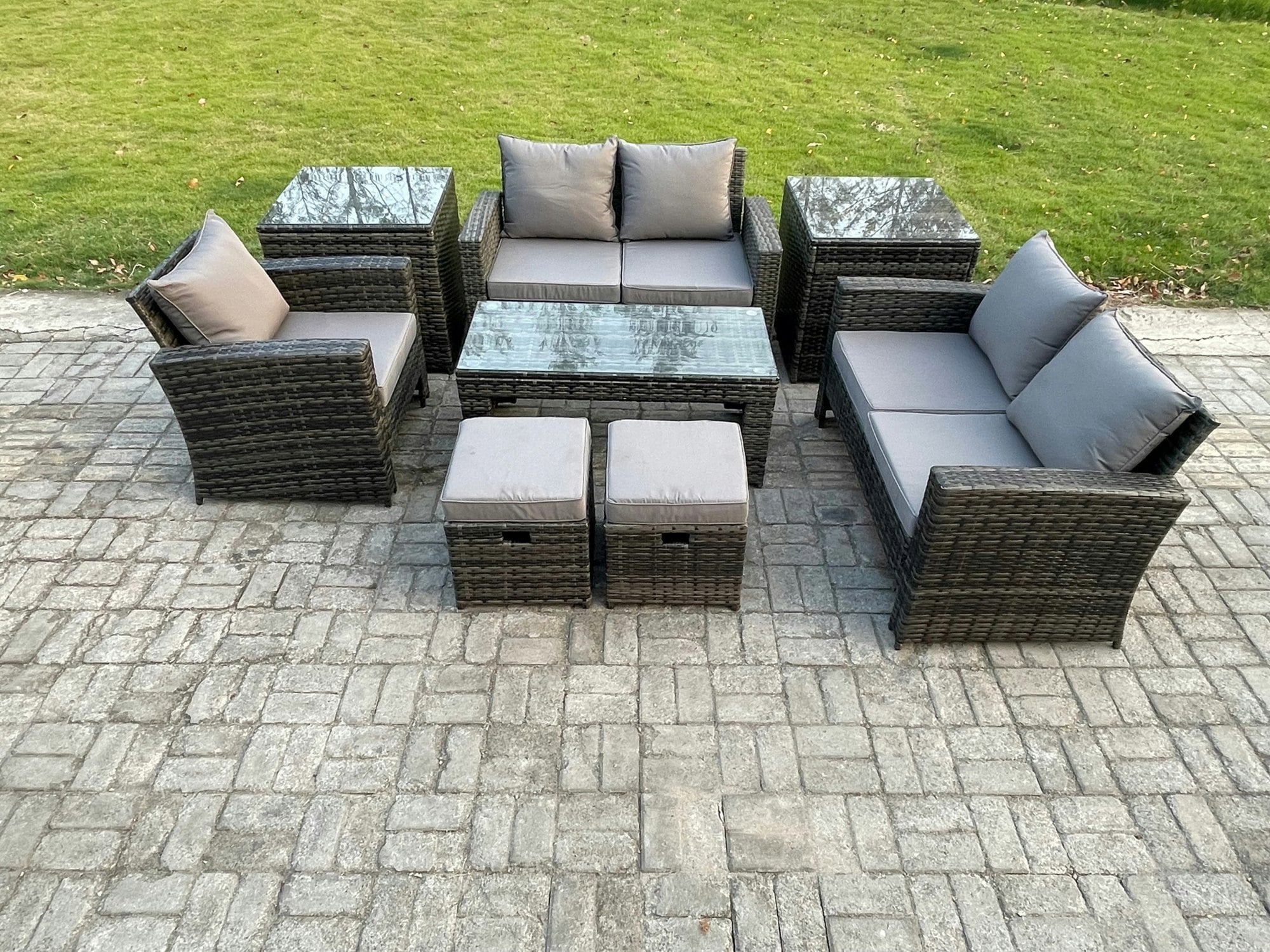 Fimous Dark/Grey 7 Seater Outdoor Rattan Patio Furniture Set Garden Lounge Sofa Set With 2 Side Tables 2 Small Footstools Coffee Table Mixed