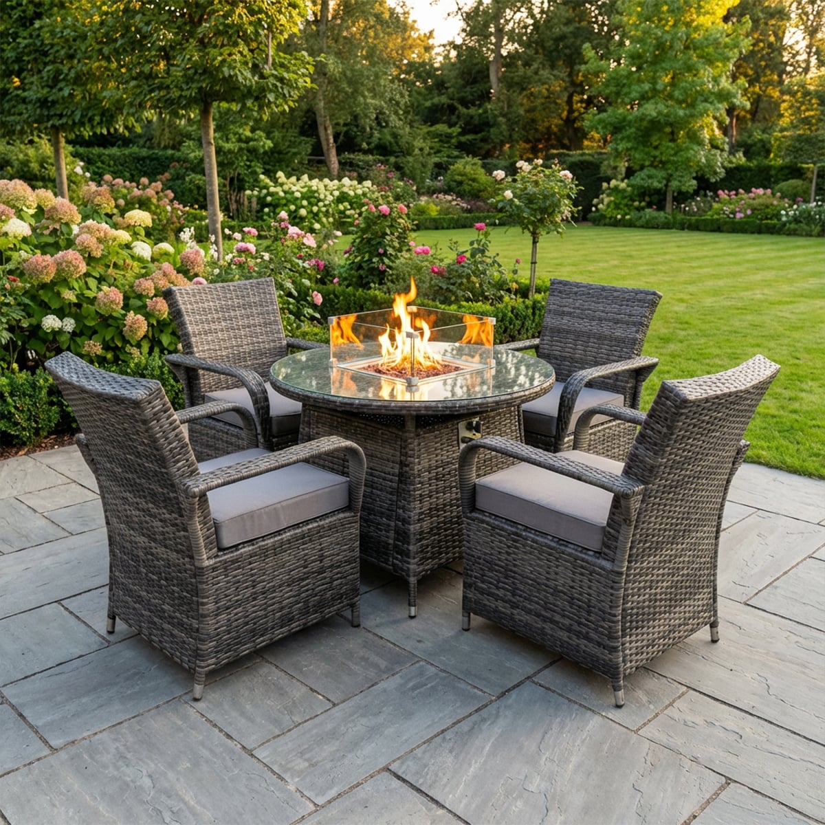 Rackhams Dark/Grey Rattan Garden Furniture Gas Fire Pit Round Dining Table Set Gas Heater And Dining Chairs 4 Seater