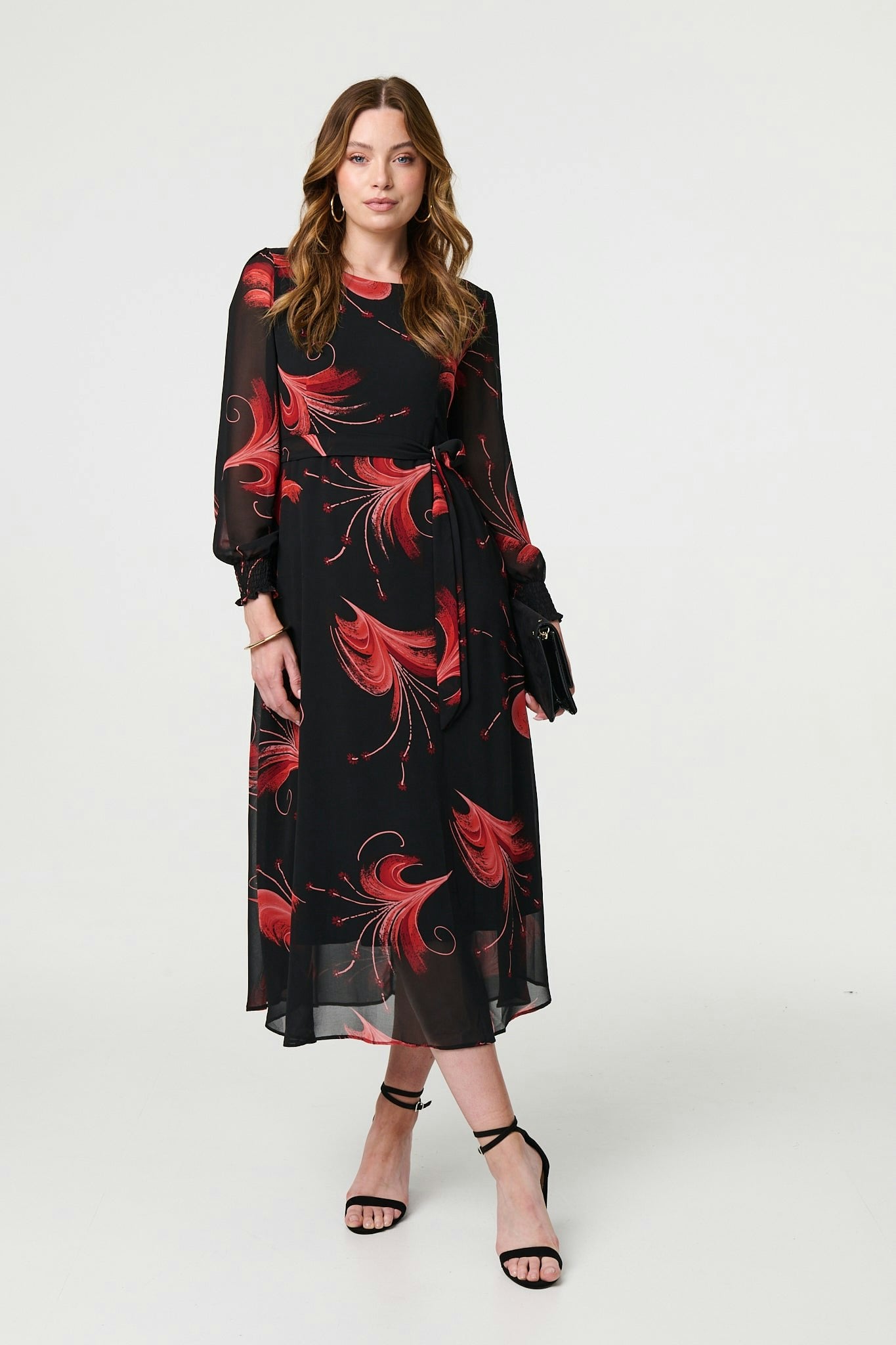 Izabel London Red Tropical Print Mesh Laye Midi Dress - 12