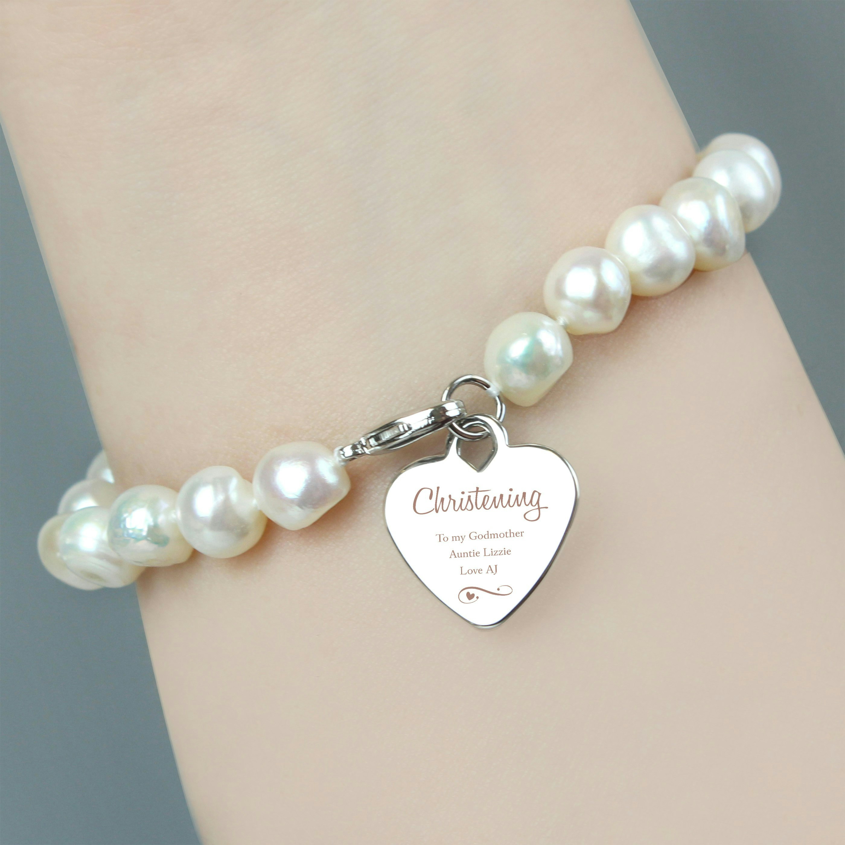 Personalised Memento Company White Personalised Christening Swirls & Hearts Freshwater Pearl Bracelet
