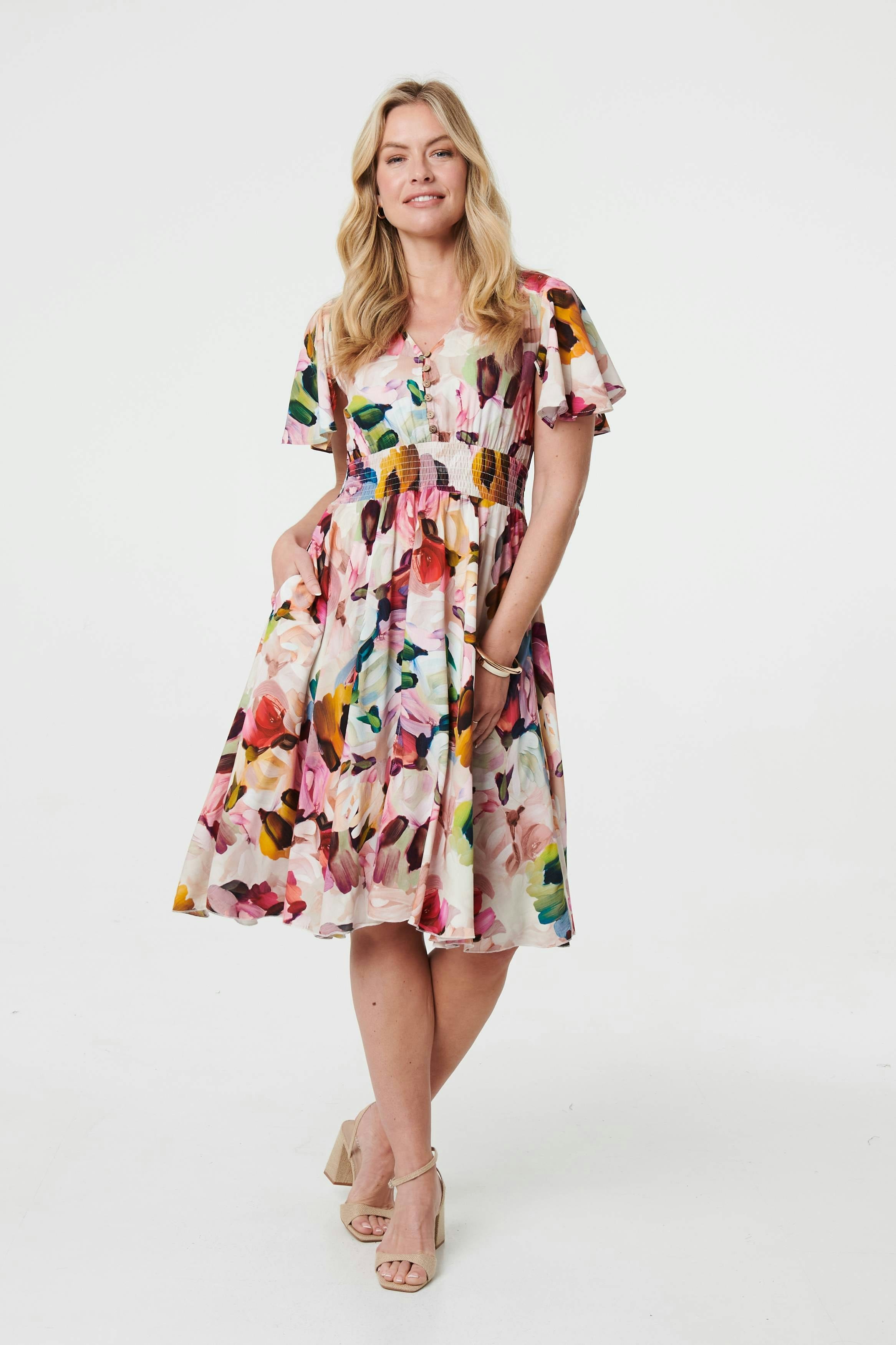 Izabel London Pink Floral Short Puff Sleeve Midi Dress - 8
