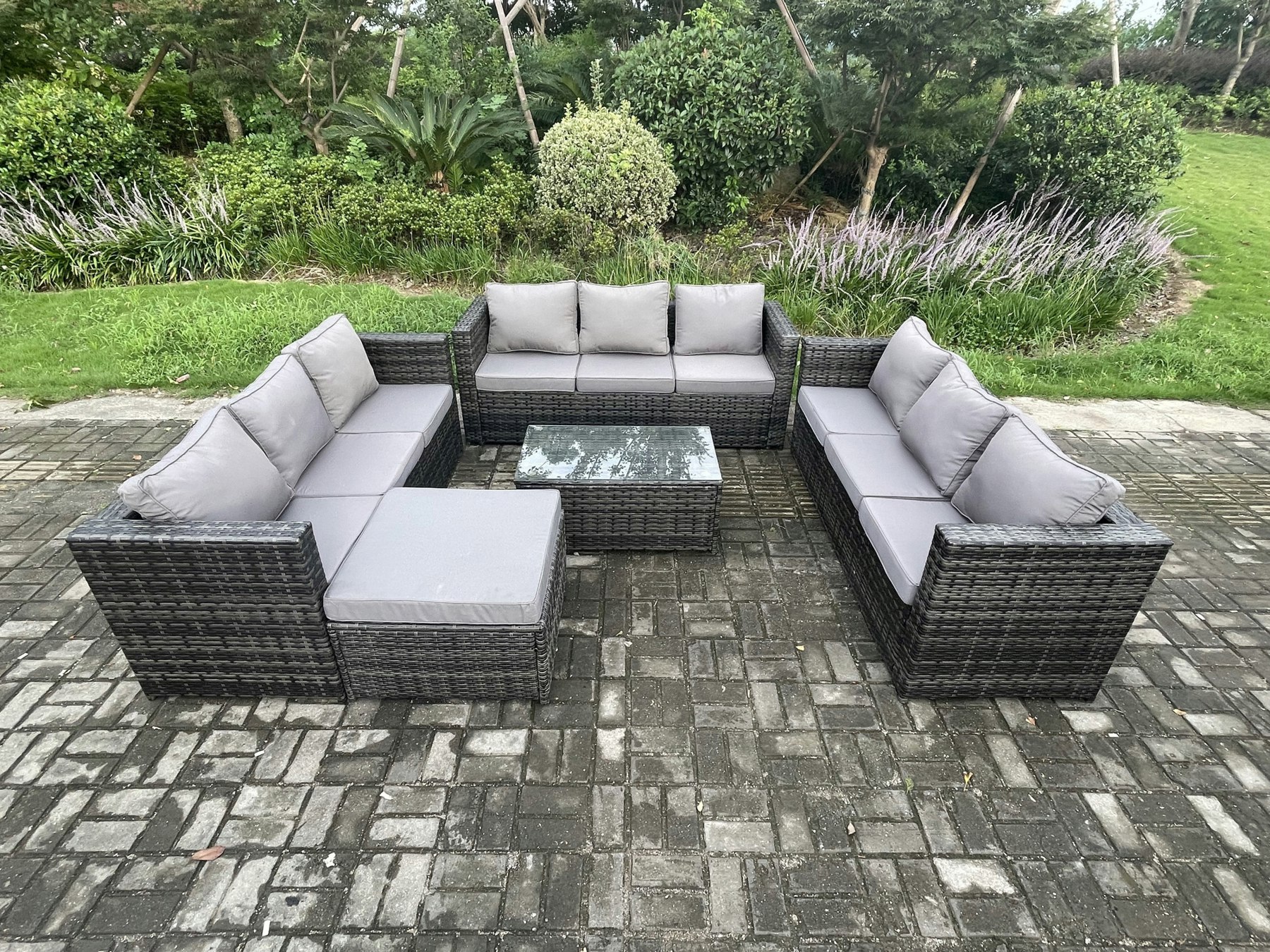 Fimous Dark/Grey Outdoor Lounge Sofa Set Wicker Pe Rattan Garden Furniture Set With Oblong Coffee Table Big Footstool Mixed