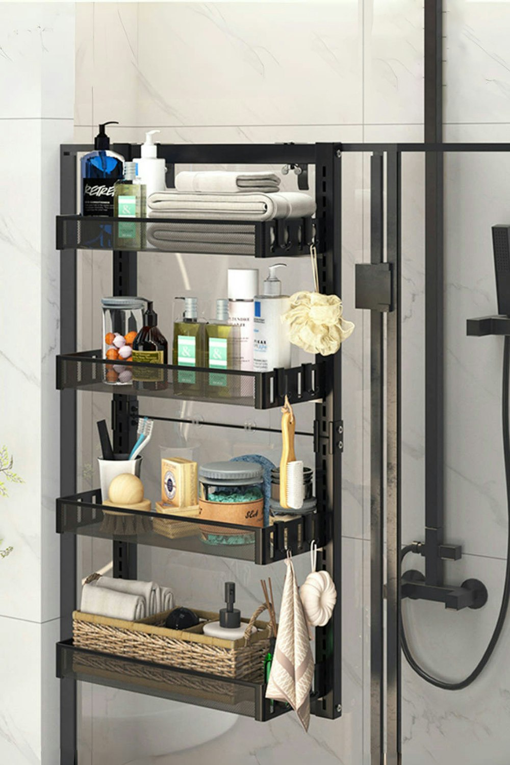 Rackhams Black 4 Tier Hanging Adjustable Shower Caddy Shelf With Hooks No Drilling Over Door Storage Organizer