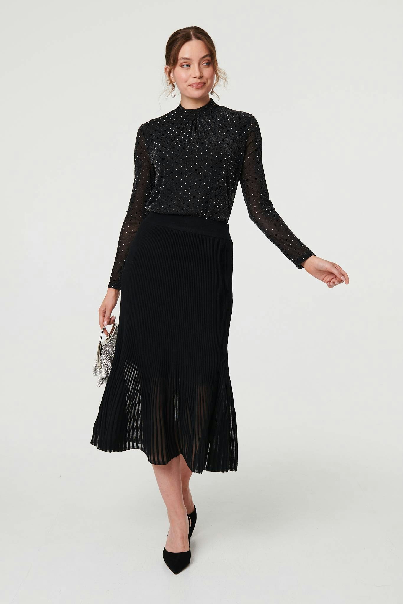 Izabel London Black Semi Sheer Pleat High Waist Midi Skirt - 12
