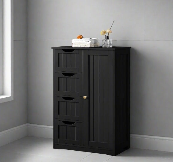 Modcraft Black Bathroom Floor Cabinet Wooden Freestanding Storage With 4 Drawers & 1 Door Adjustable Shelf –
