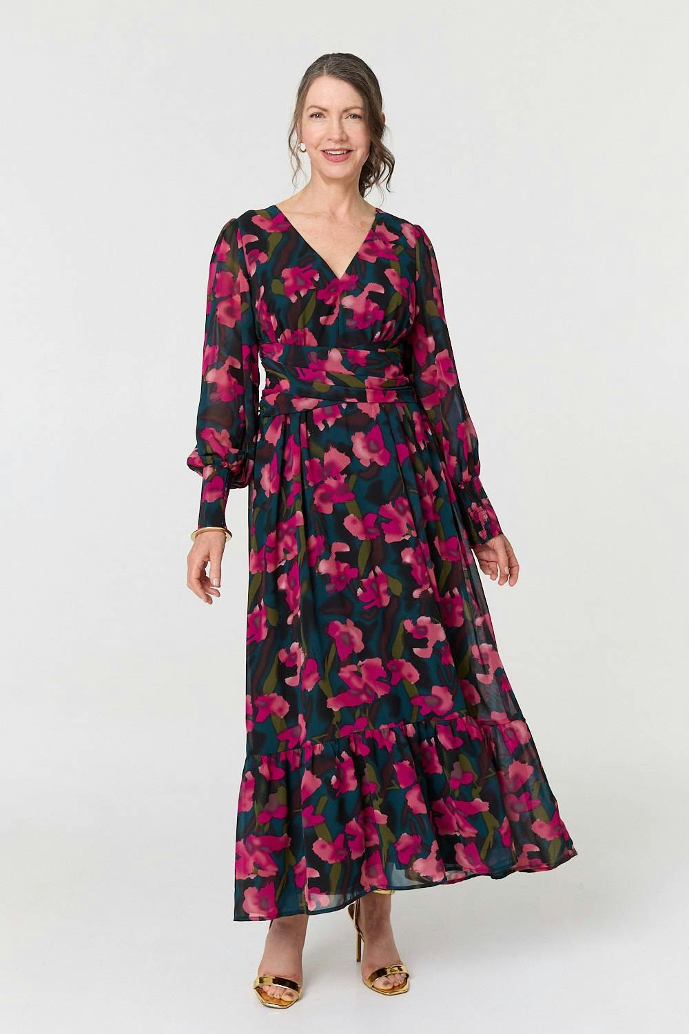 Izabel London Women's Green Floral Ruched Long Sleeve Maxi Dress - 8