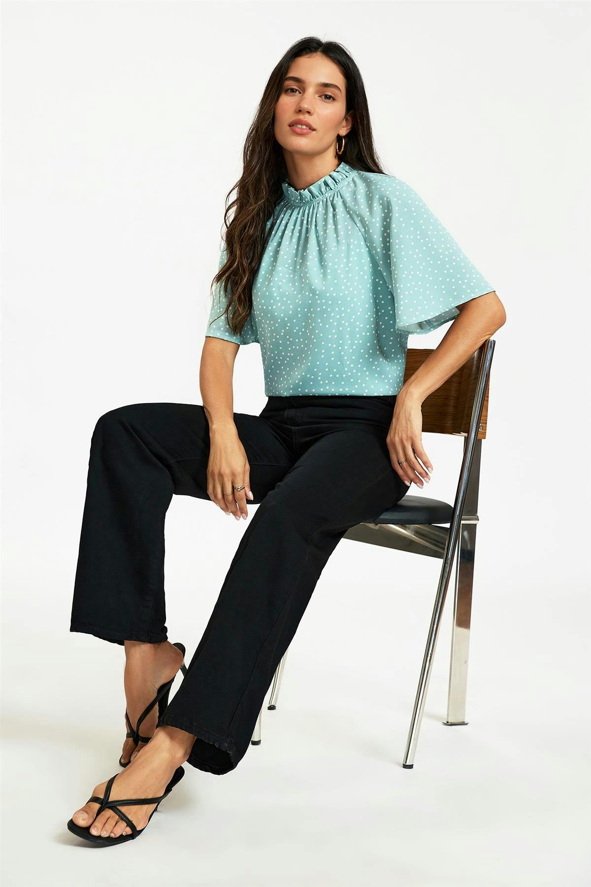 Fs Collection Blue Dot Print Short Sleeve Frill High Neck Top In - Xs