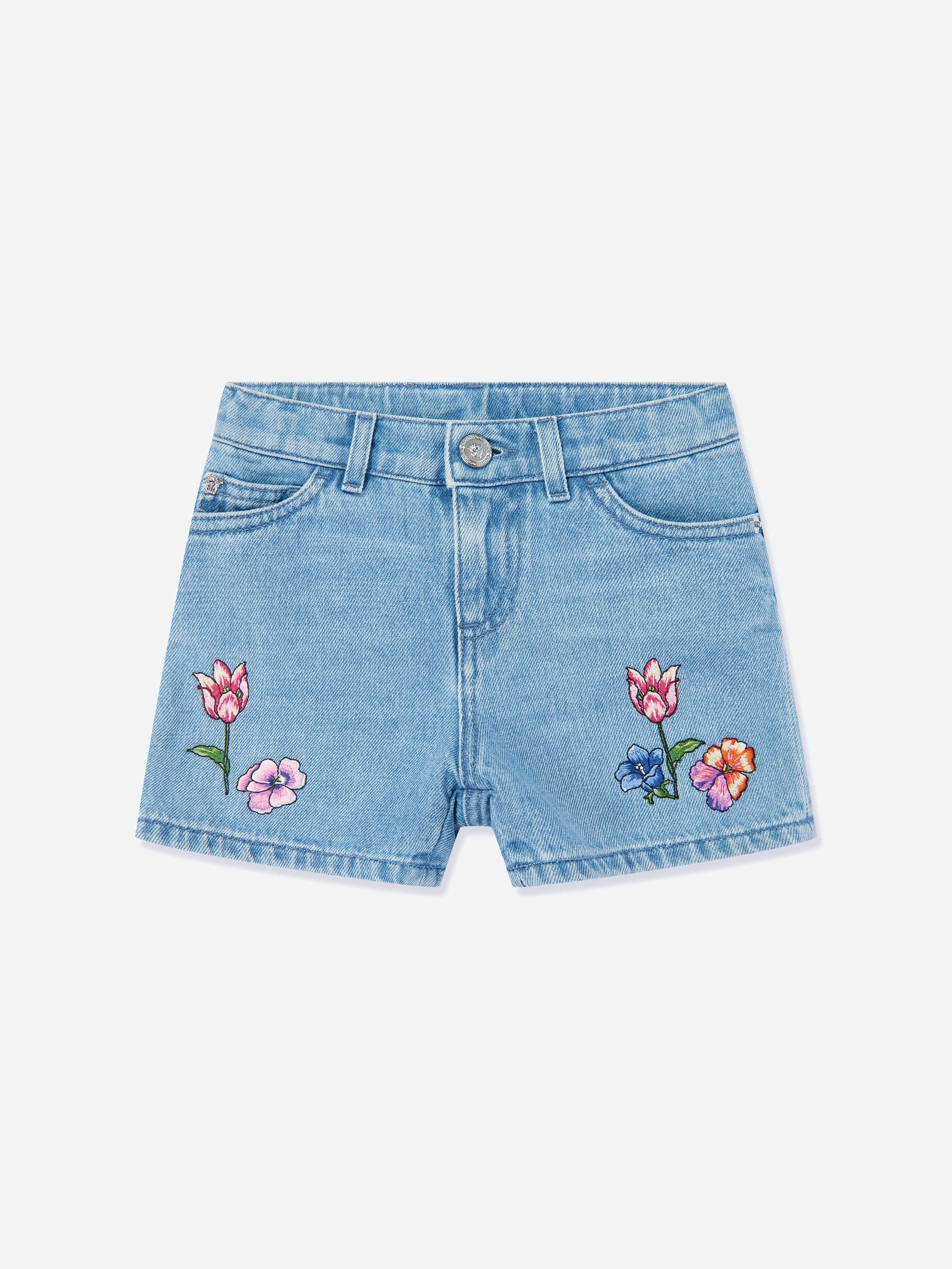 Versace Girls Blue Embroidered Flowers Denim Shorts In - 5 Yrs
