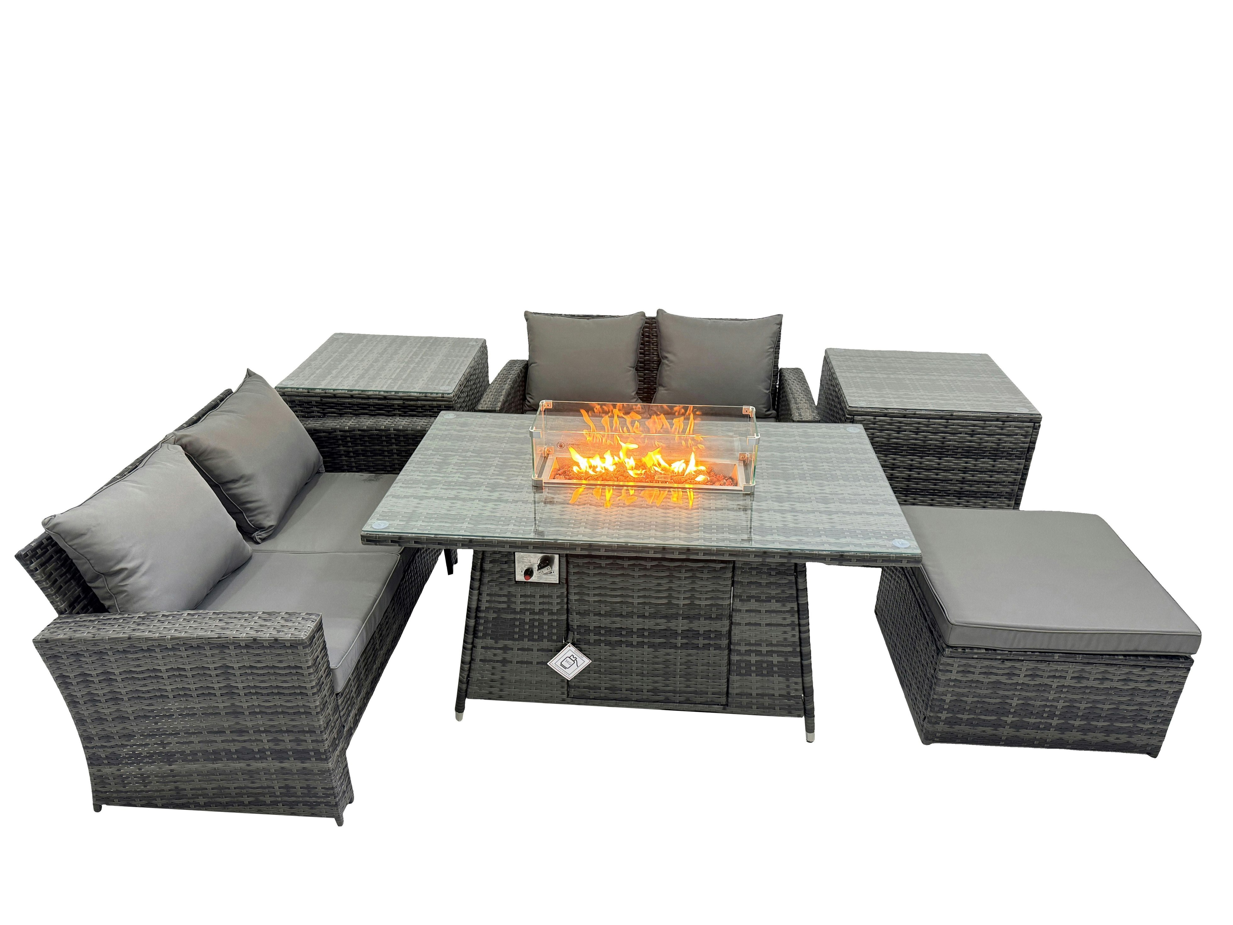 Fimous Outdoor Love Sofa Set 5 Seat & Gas Firpit Table Big Stool 2 Side Table - Image 2