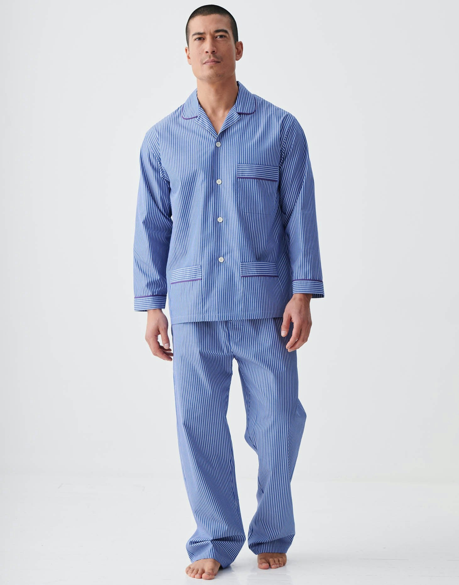 British Boxers Men's Blue/White Crisp Cotton Pyjama Set – Stowe Prussian & Stripe - Large