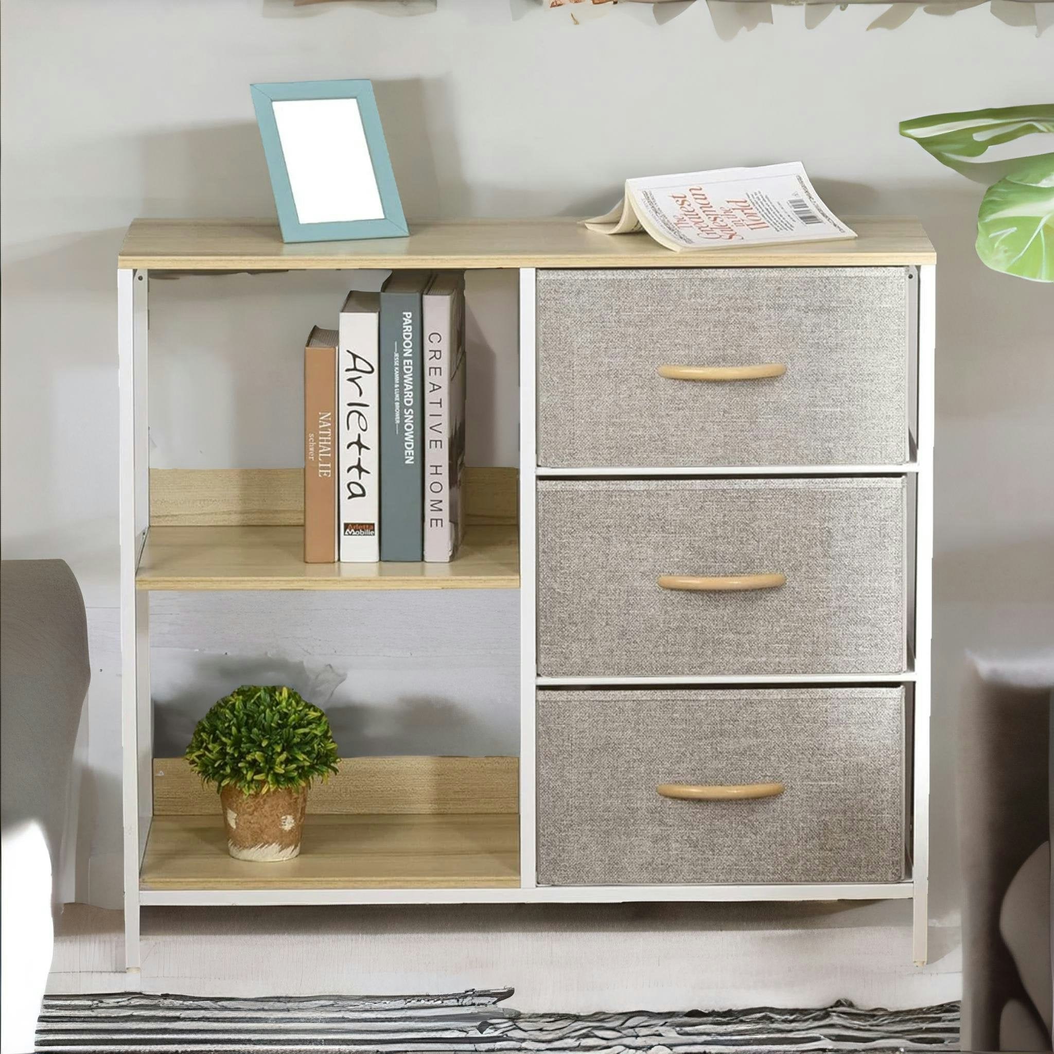 Rackhams Beige Bedroom Chest Dresser With 3 Fabric Drawers And Shelves