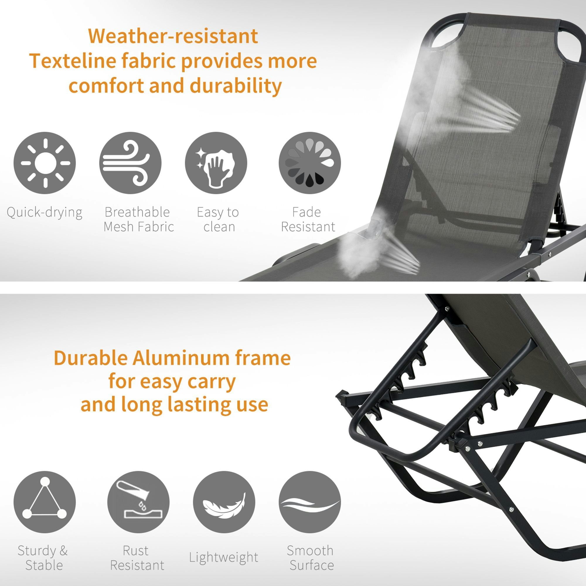 Rackhams Grey Sun Lounger Relaxer Recliner With 5-Position Adjustable Backrest - Aluminum, Texteline - 163Cm X 58.5Cm X 91Cm